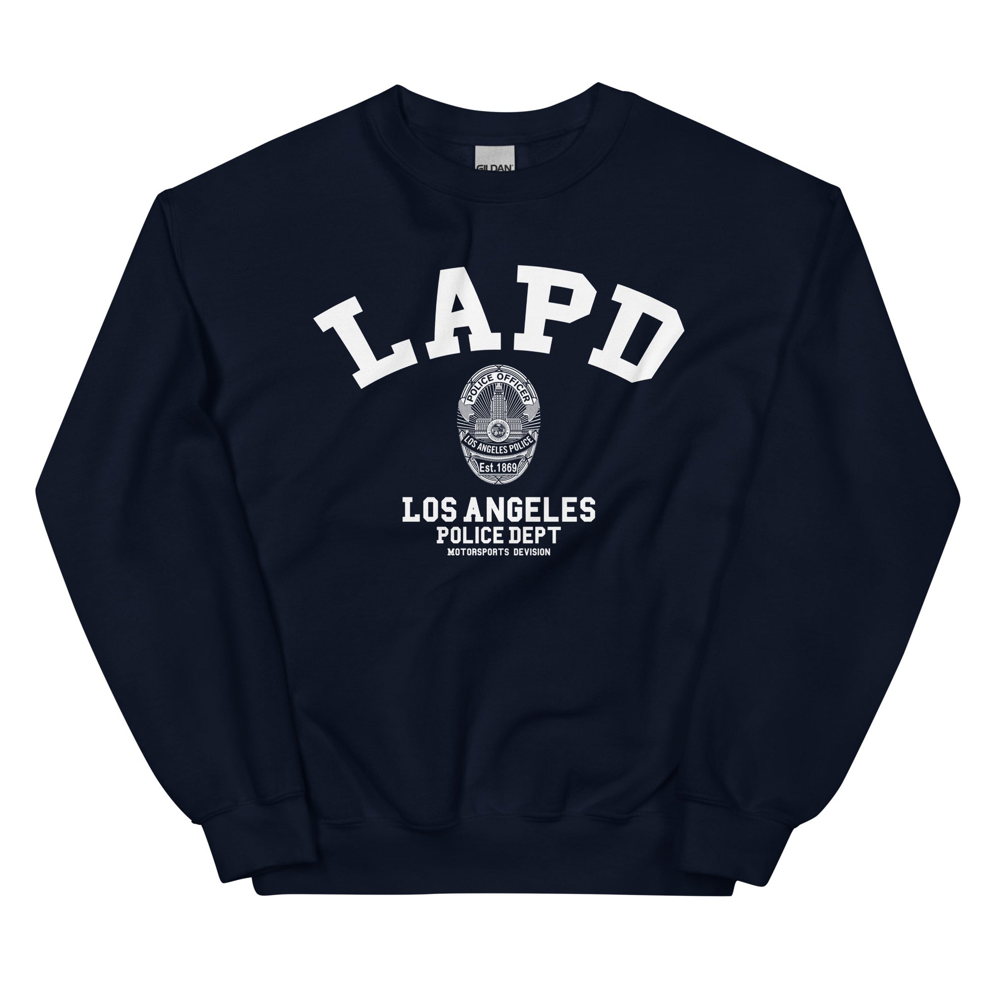 Navy blue sweatshirt with LAPD and Los Angeles Police Dept text on a white background