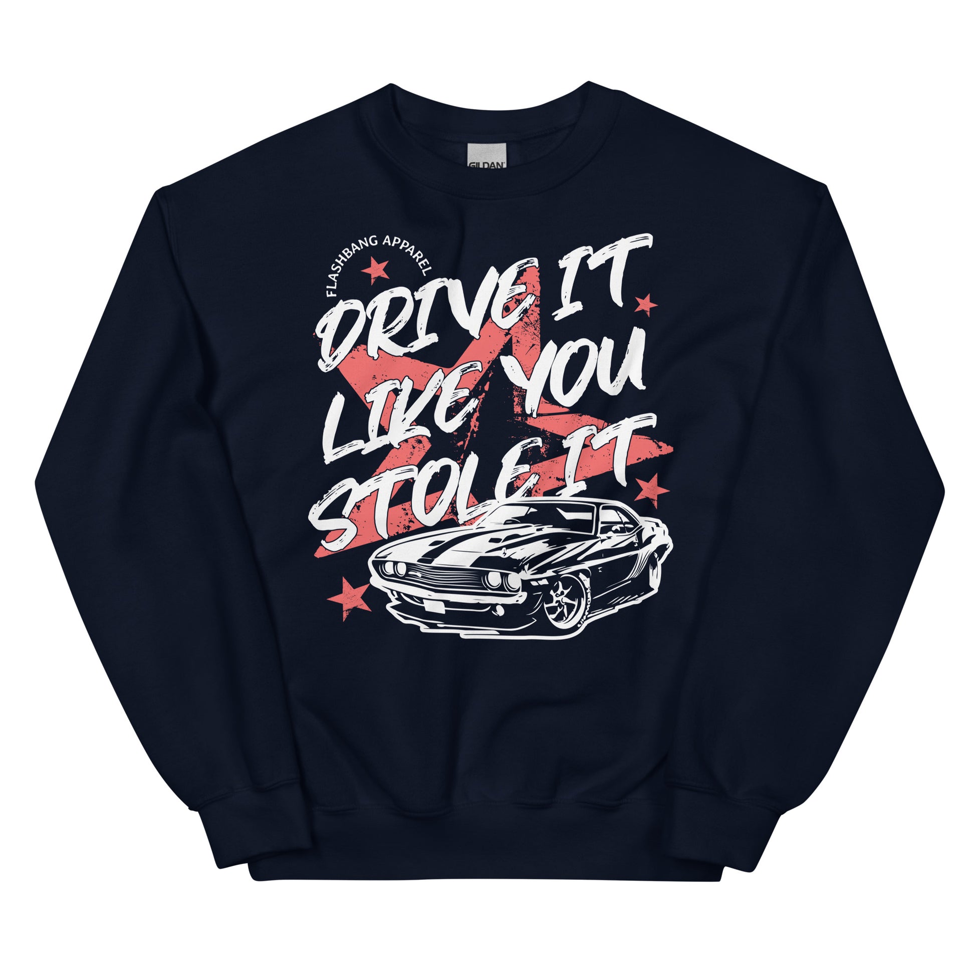 Black sweatshirt with graphic design and text on a white background