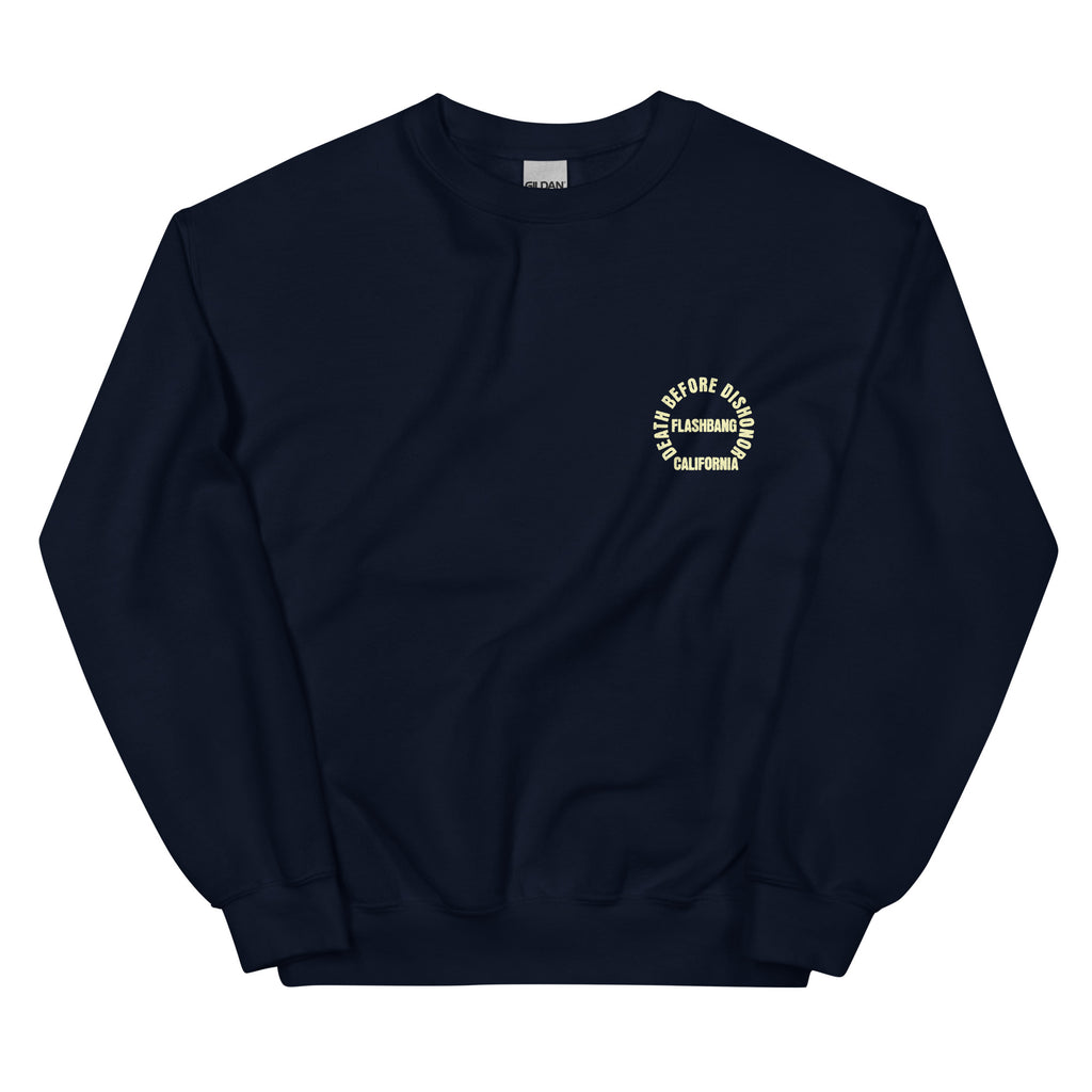 Navy blue sweatshirt with a logo on the chest against a white background
