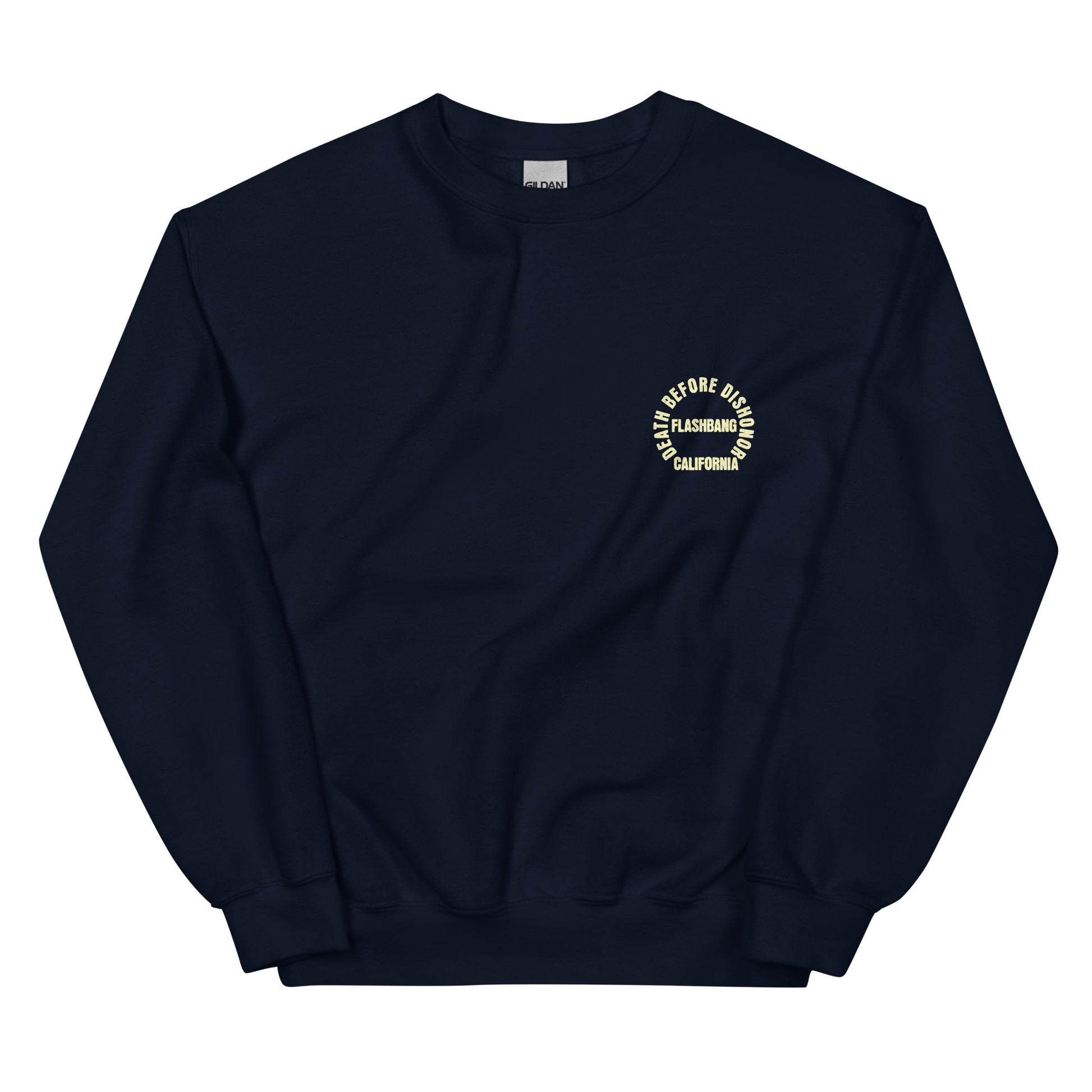 Navy blue sweatshirt with a logo on the chest against a white background