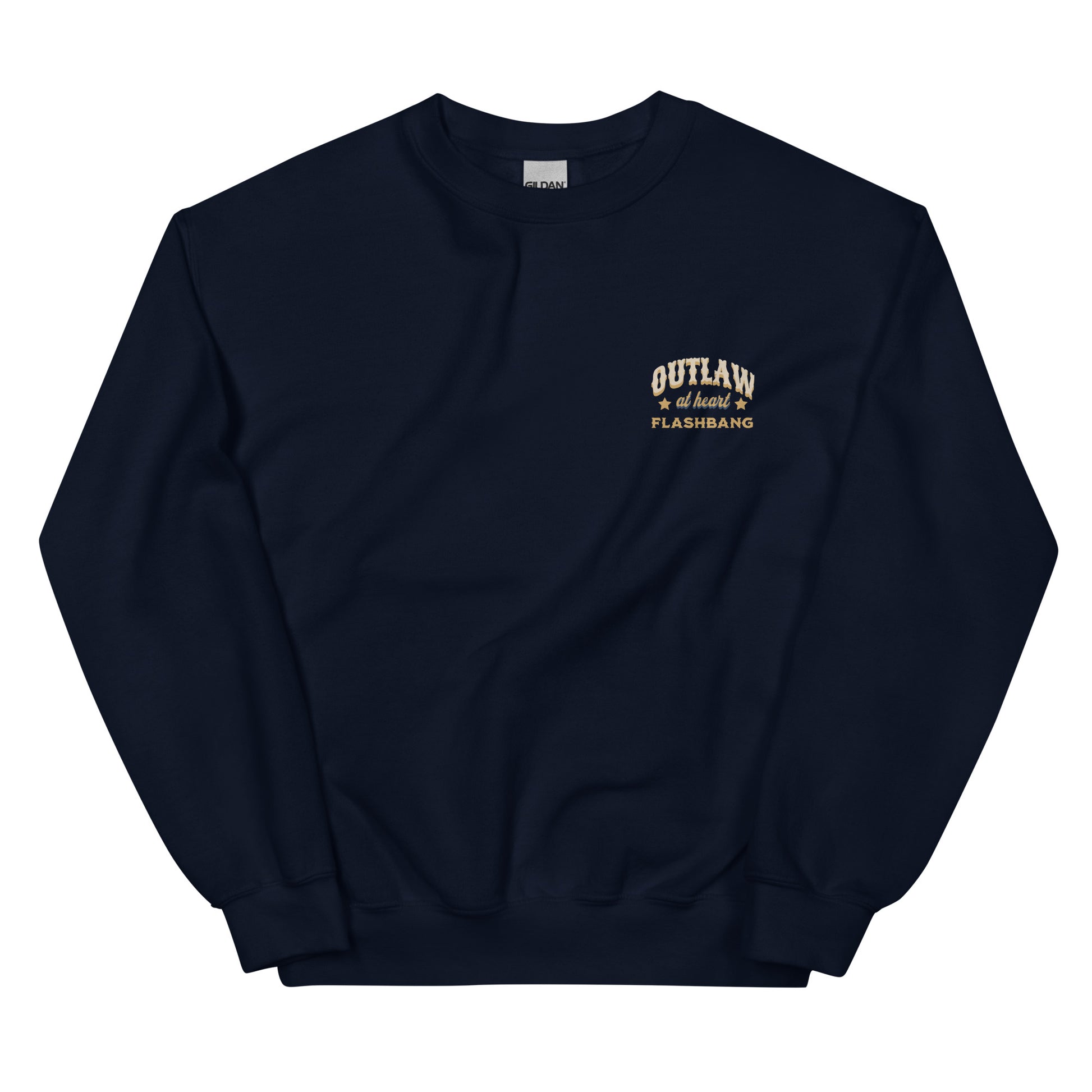 Navy blue sweatshirt with white text on a white background
