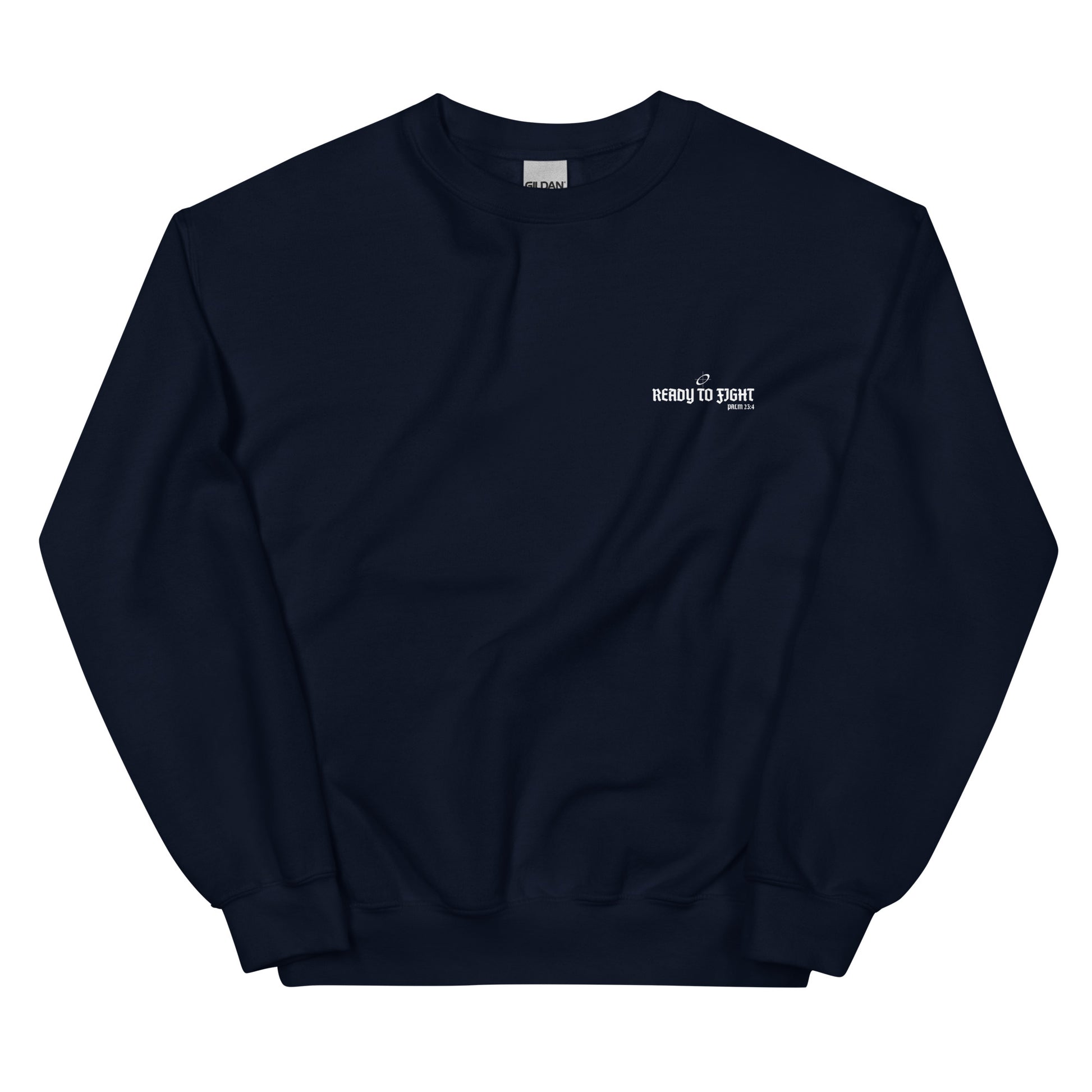 Navy blue sweatshirt with a small white logo on a white background