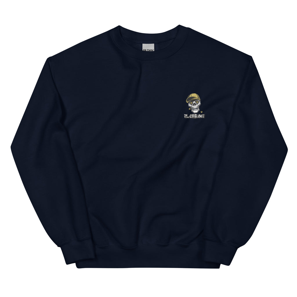Navy blue sweatshirt with a small logo on the chest against a white background