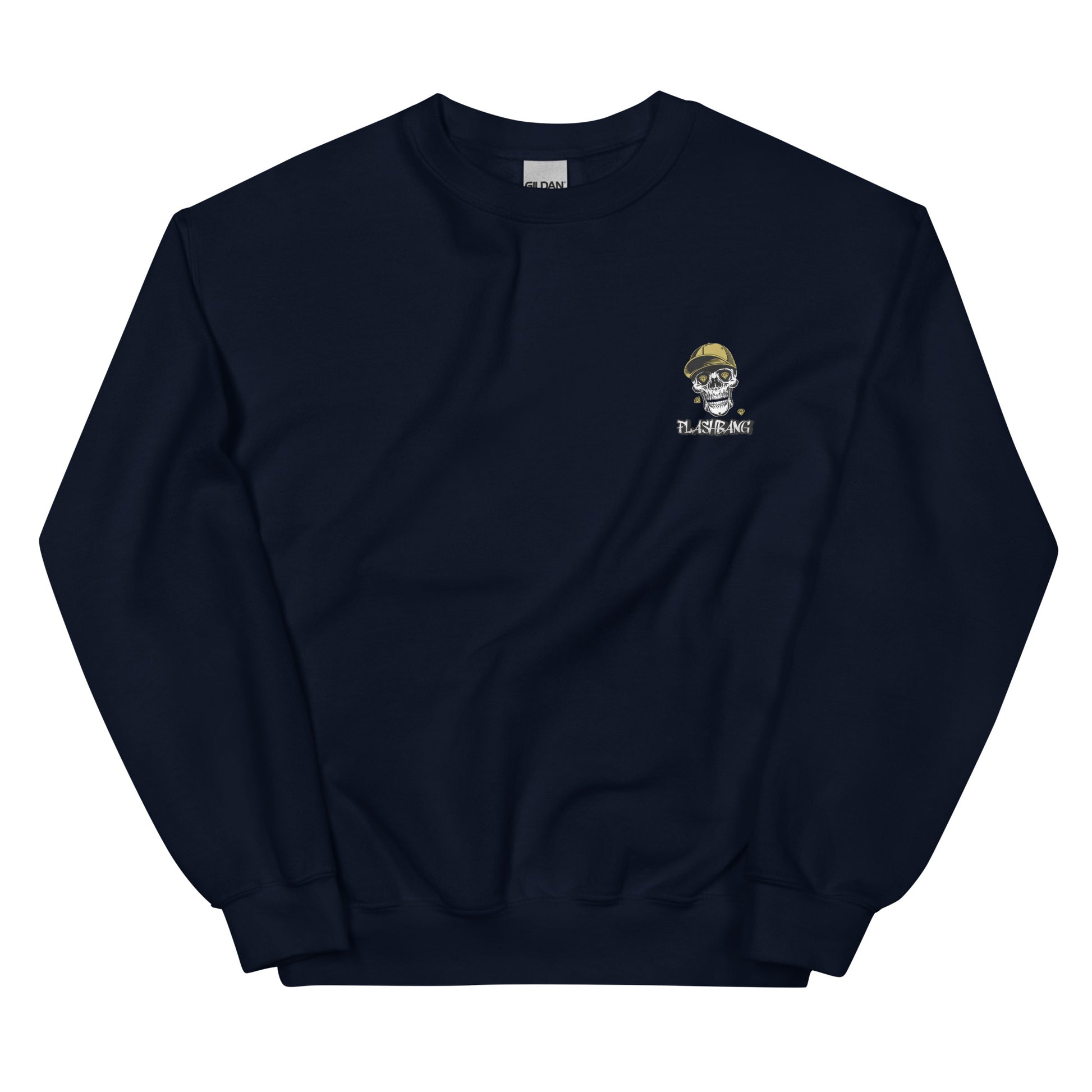 Navy blue sweatshirt with a small logo on the chest against a white background