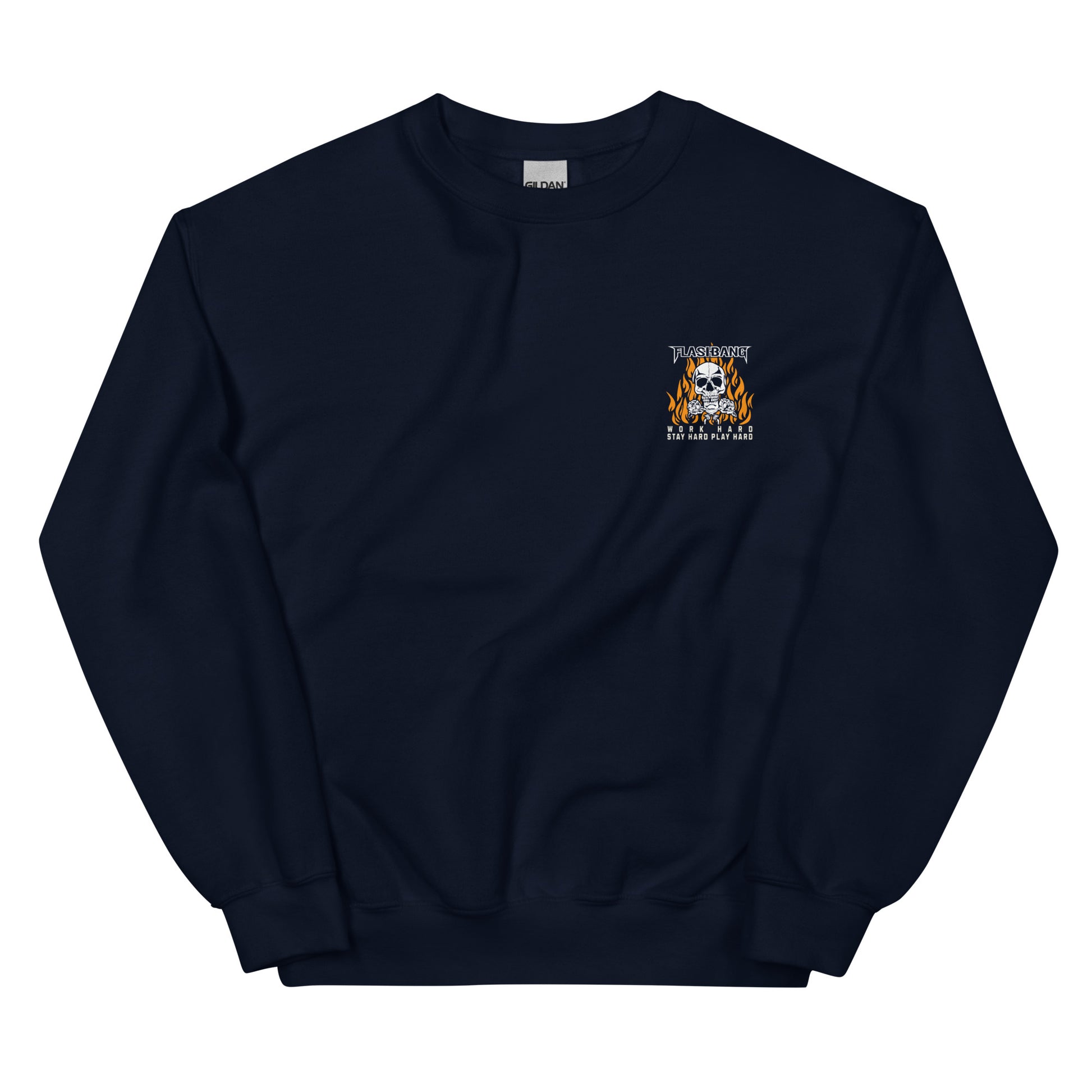 Black sweatshirt with a small logo on the chest against a white background