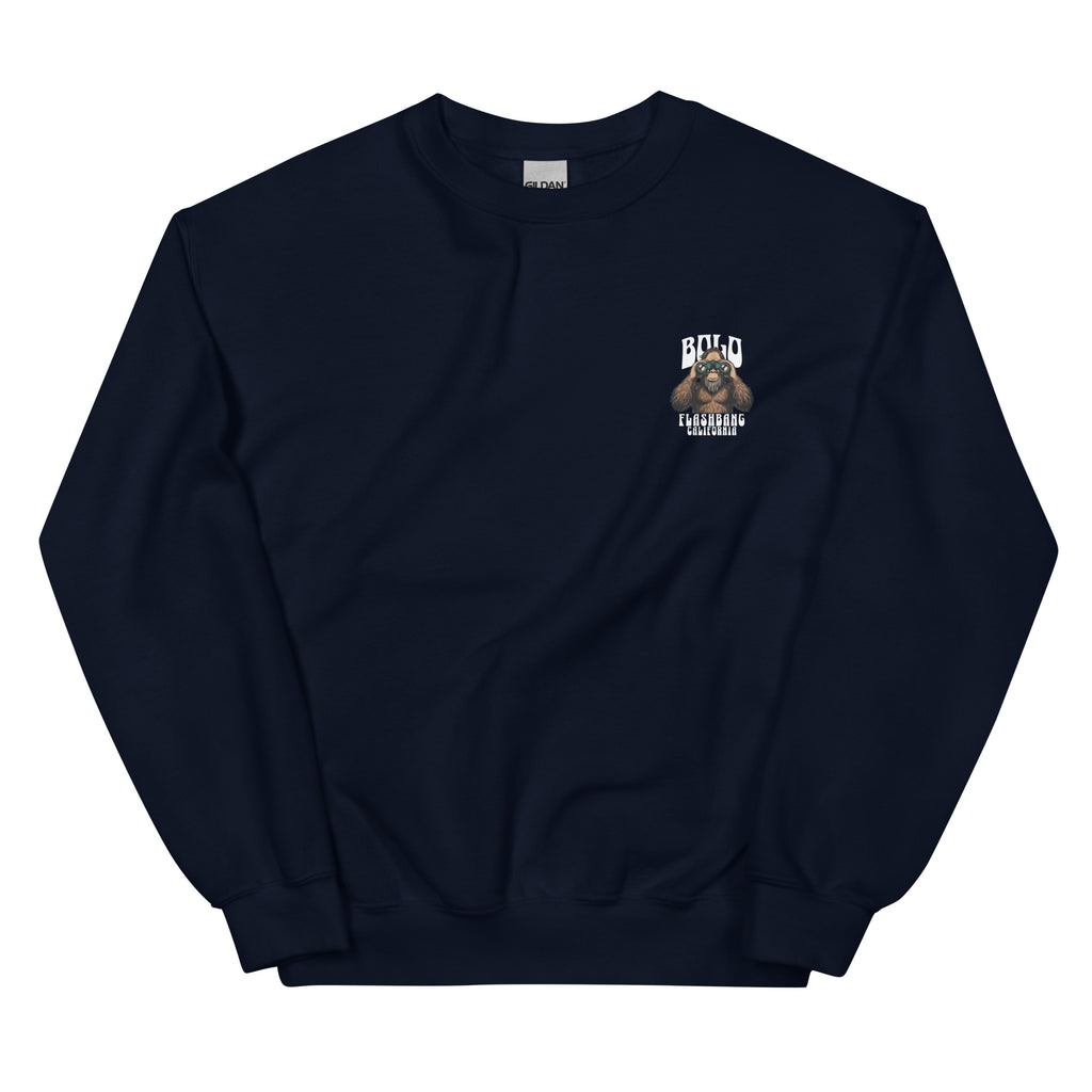 Navy blue sweatshirt with a graphic on the chest against a white background