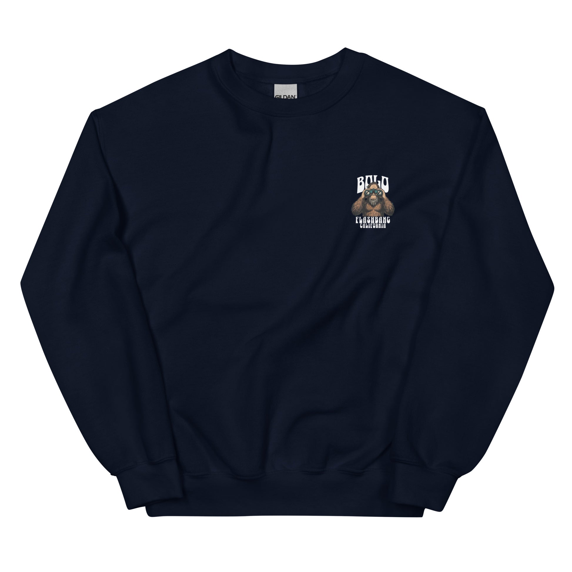 Navy blue sweatshirt with a graphic on the chest against a white background