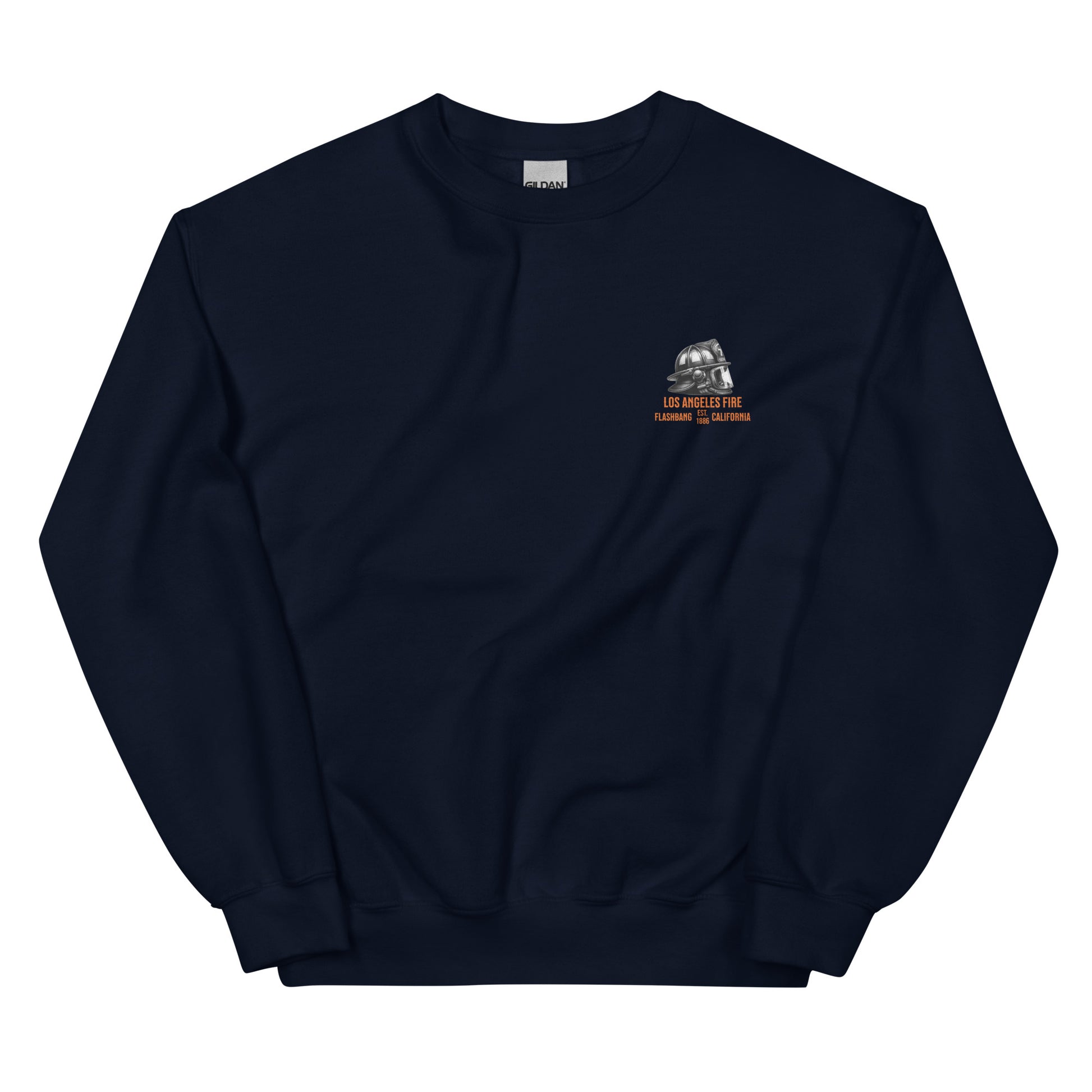 Navy blue sweatshirt with a logo on the chest against a white background