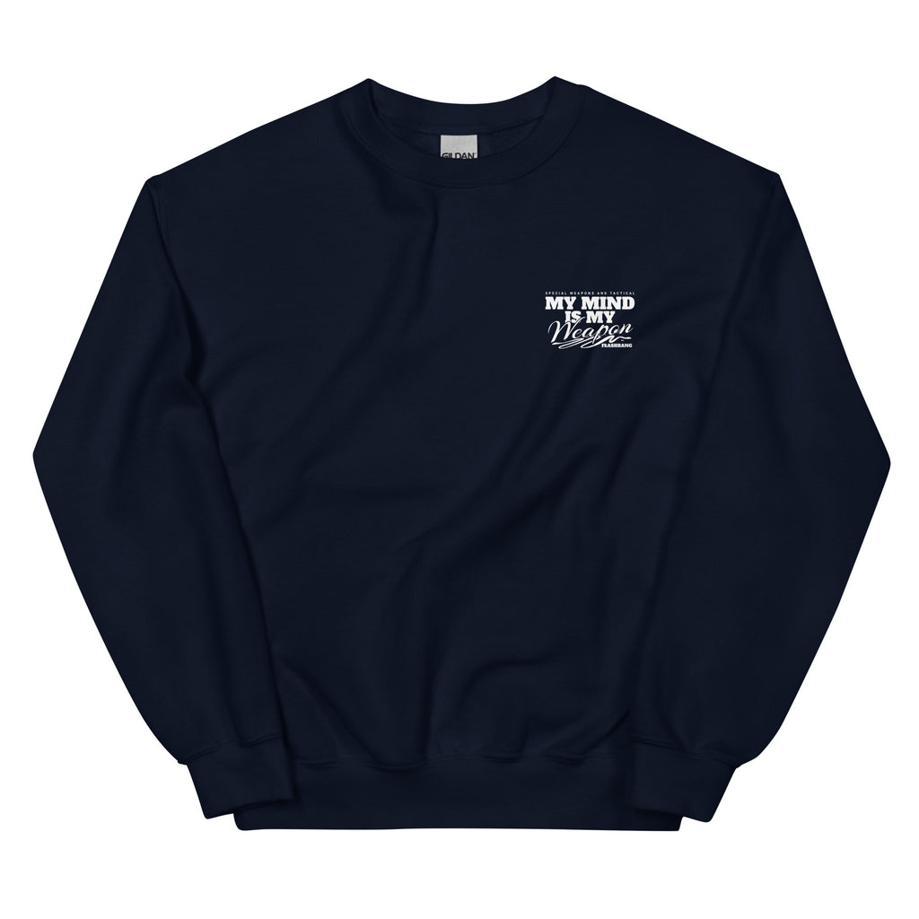 Black sweatshirt with white text on a white background