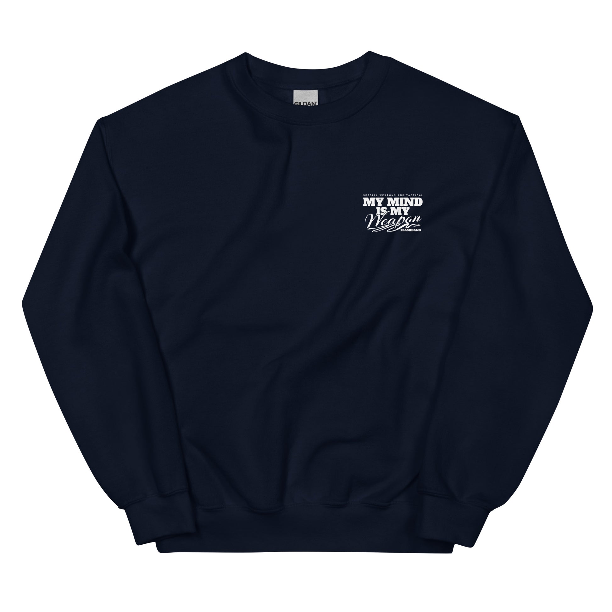 Black sweatshirt with white text on a white background
