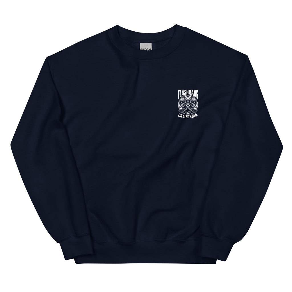 Navy blue sweatshirt with a logo on the chest against a white background