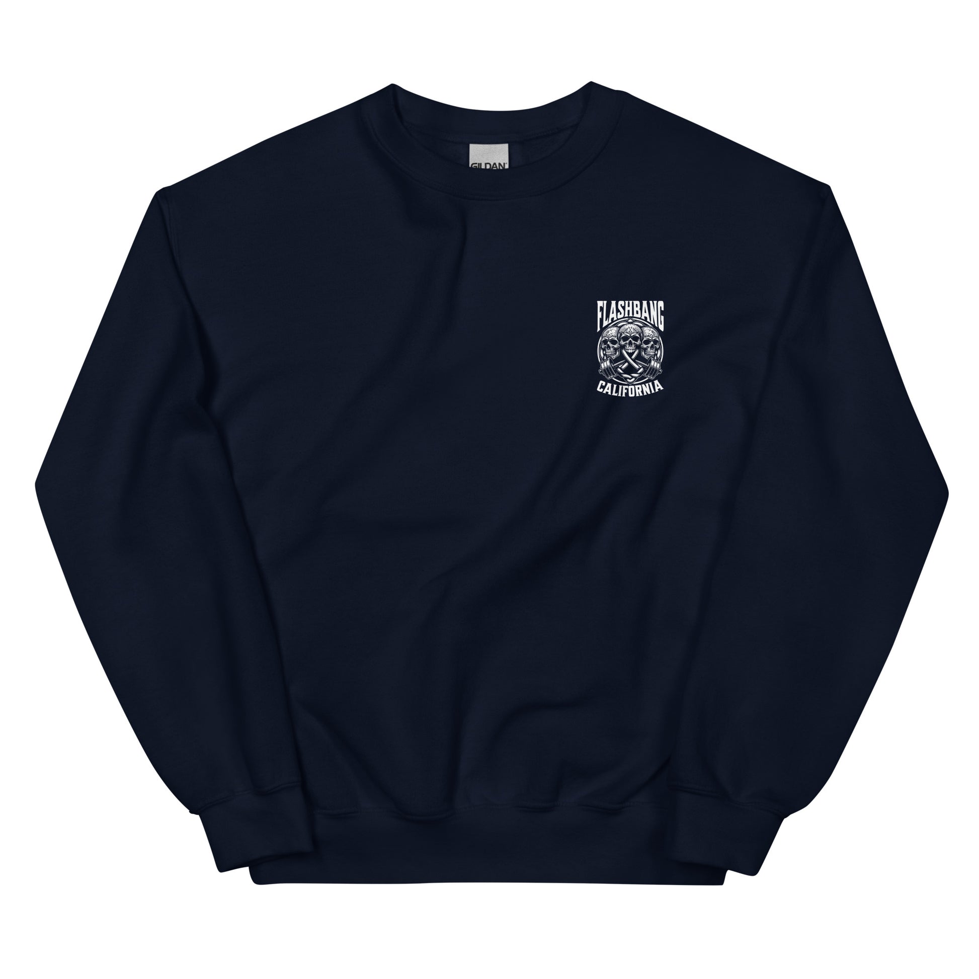 Navy blue sweatshirt with a logo on the chest against a white background