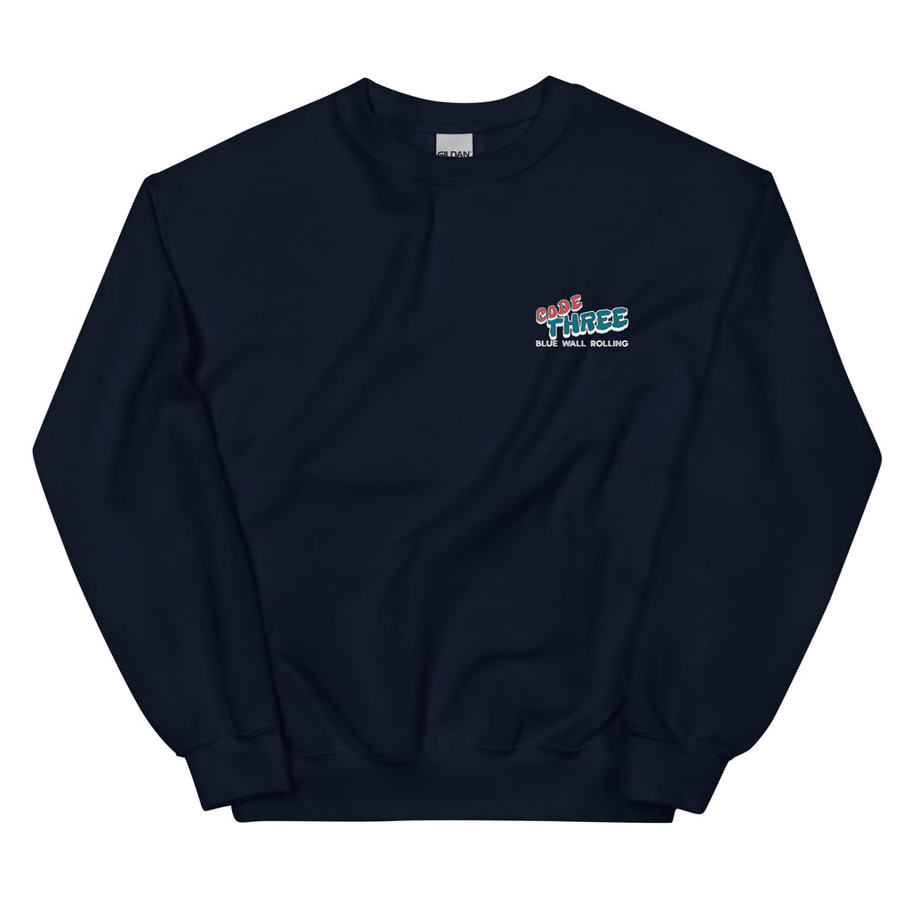 Navy blue sweatshirt with a logo on the chest against a white background