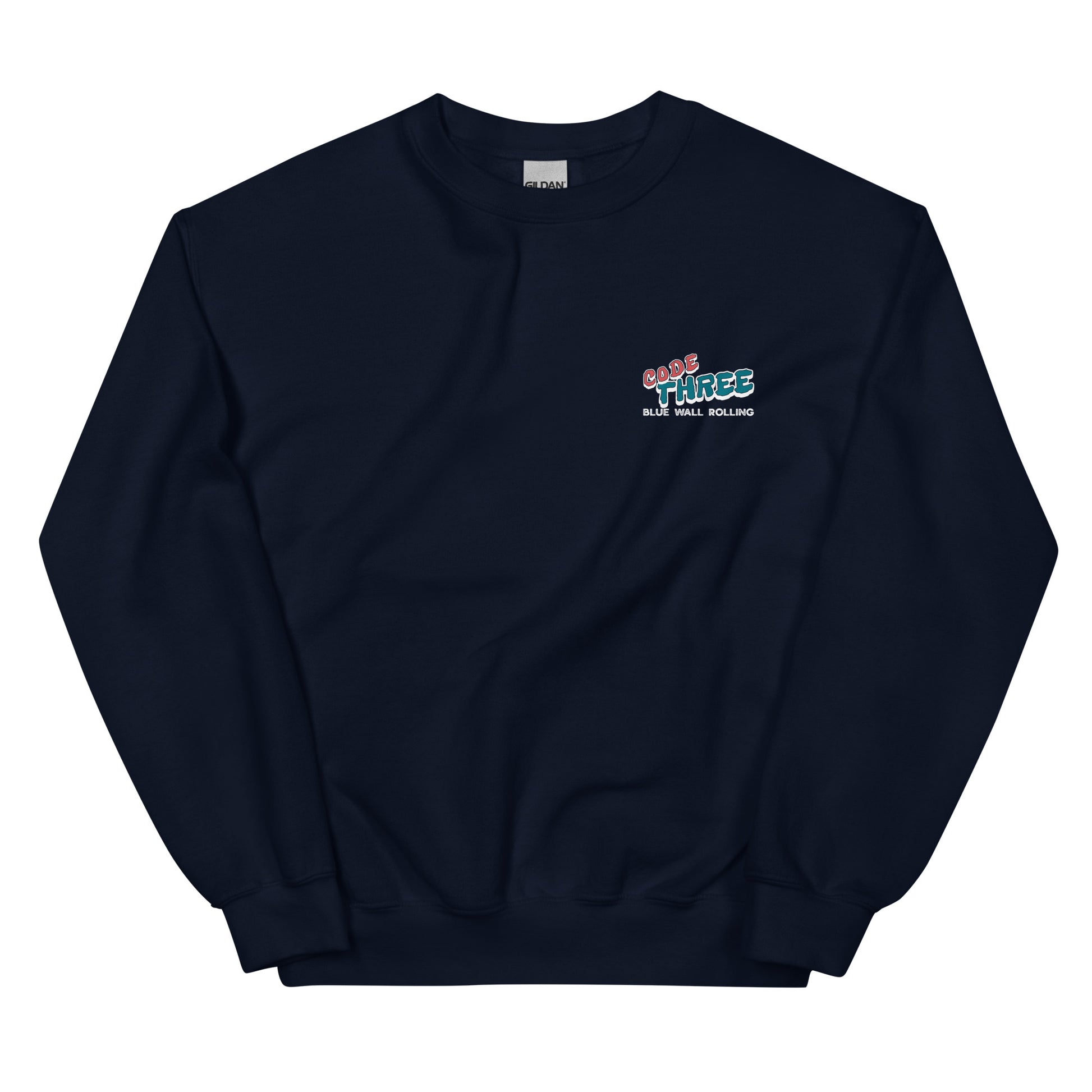 Navy blue sweatshirt with a logo on the chest against a white background
