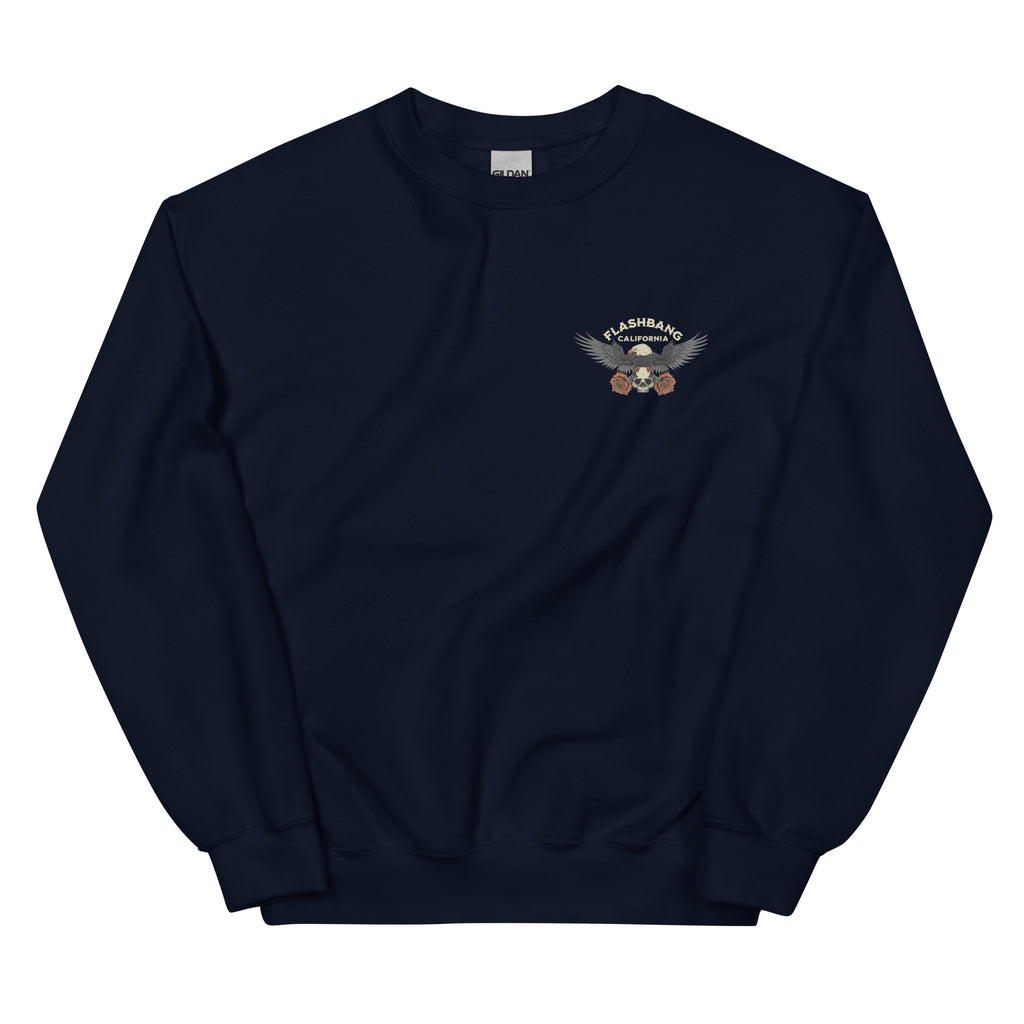 Navy blue sweatshirt with a logo on the chest against a white background