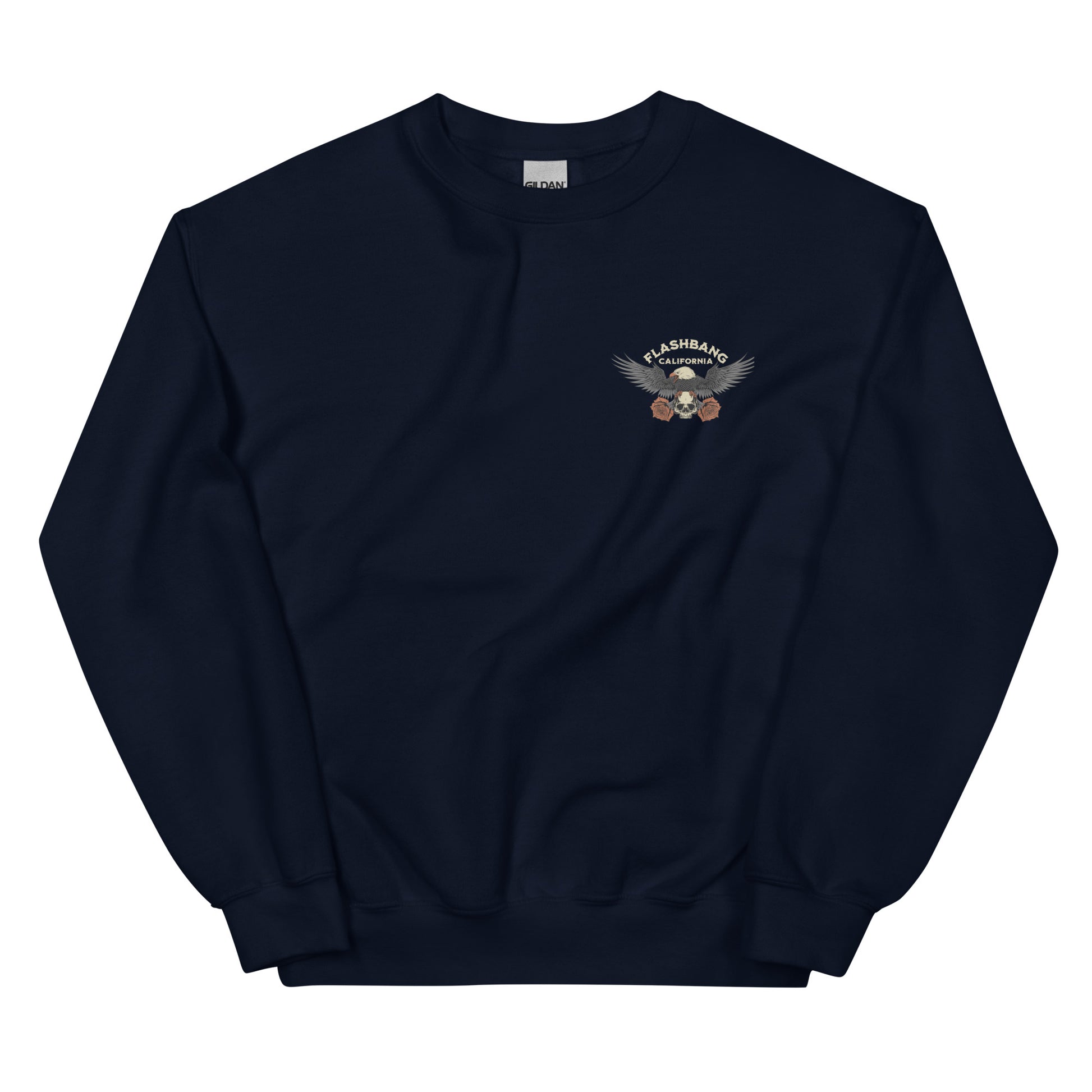 Navy blue sweatshirt with a logo on the chest against a white background