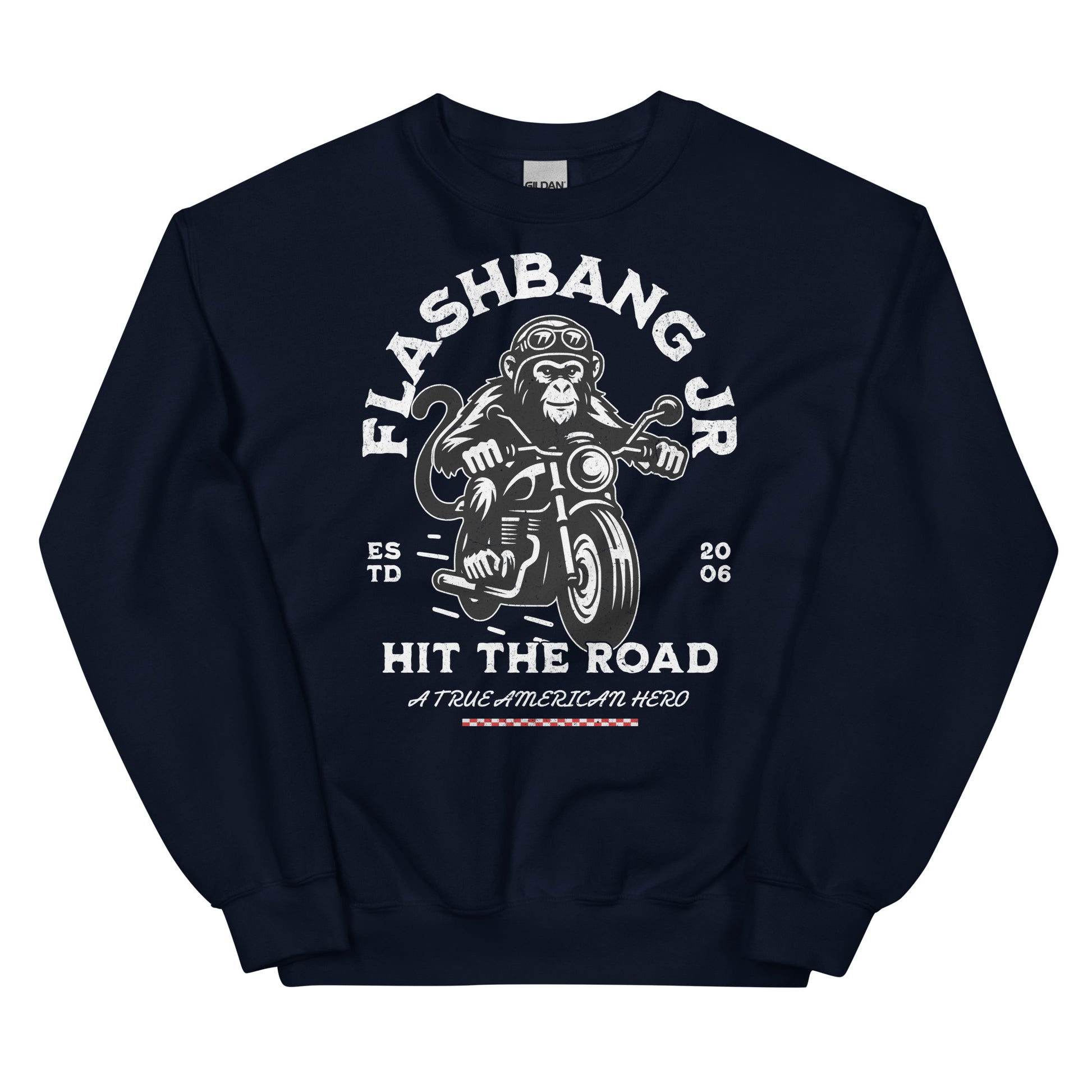 Black sweatshirt with monkey on a motorcycle graphic and text on a white background