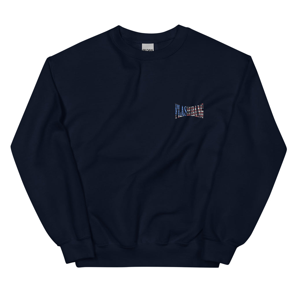 Navy blue sweatshirt with a small logo on the chest against a white background