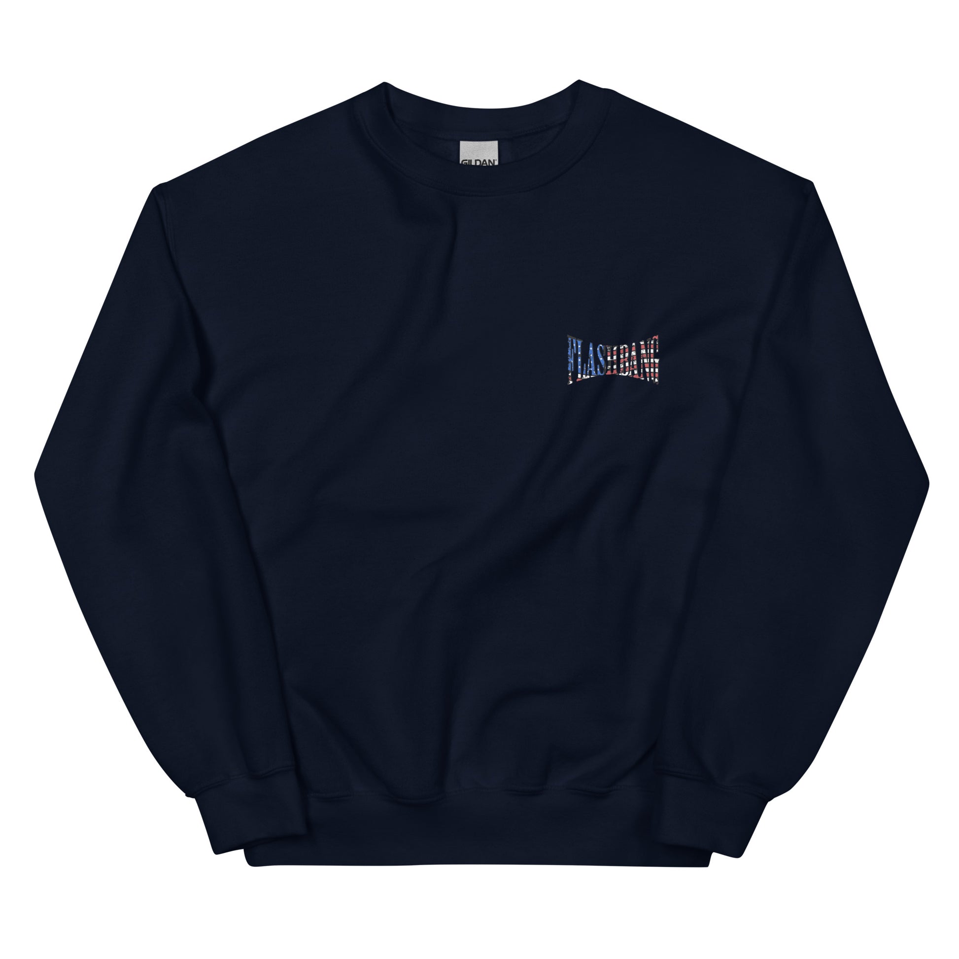 Navy blue sweatshirt with a small logo on the chest against a white background