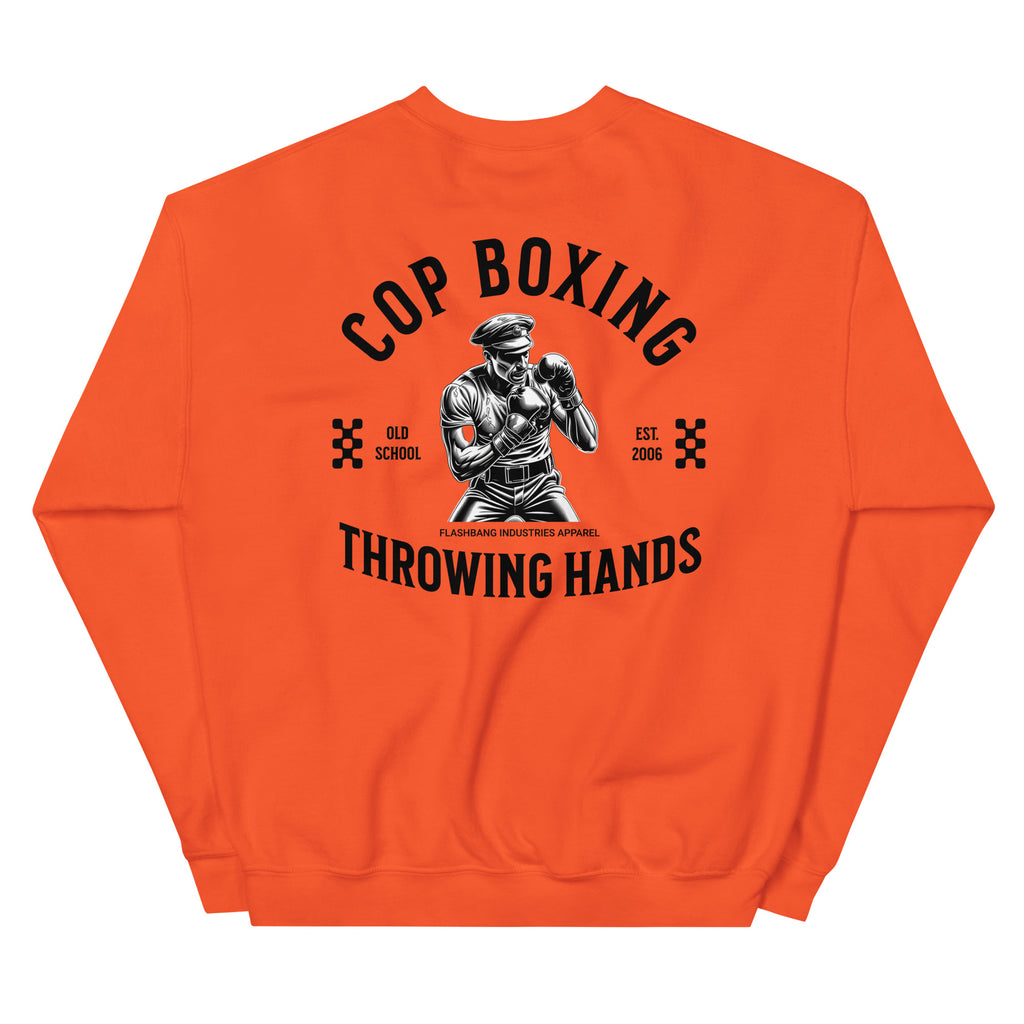 Orange sweatshirt with boxing graphic and text on a white background