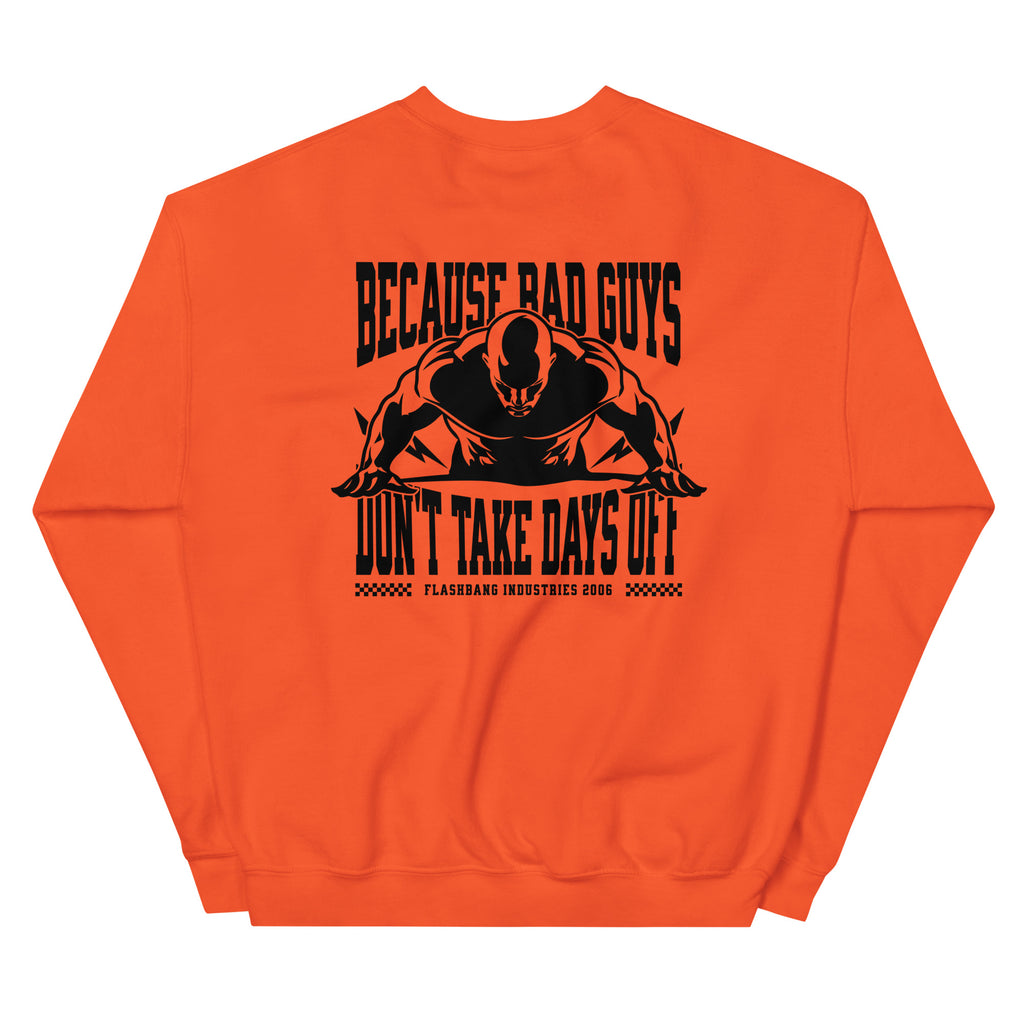 Orange sweatshirt with black graphic and text on a white background