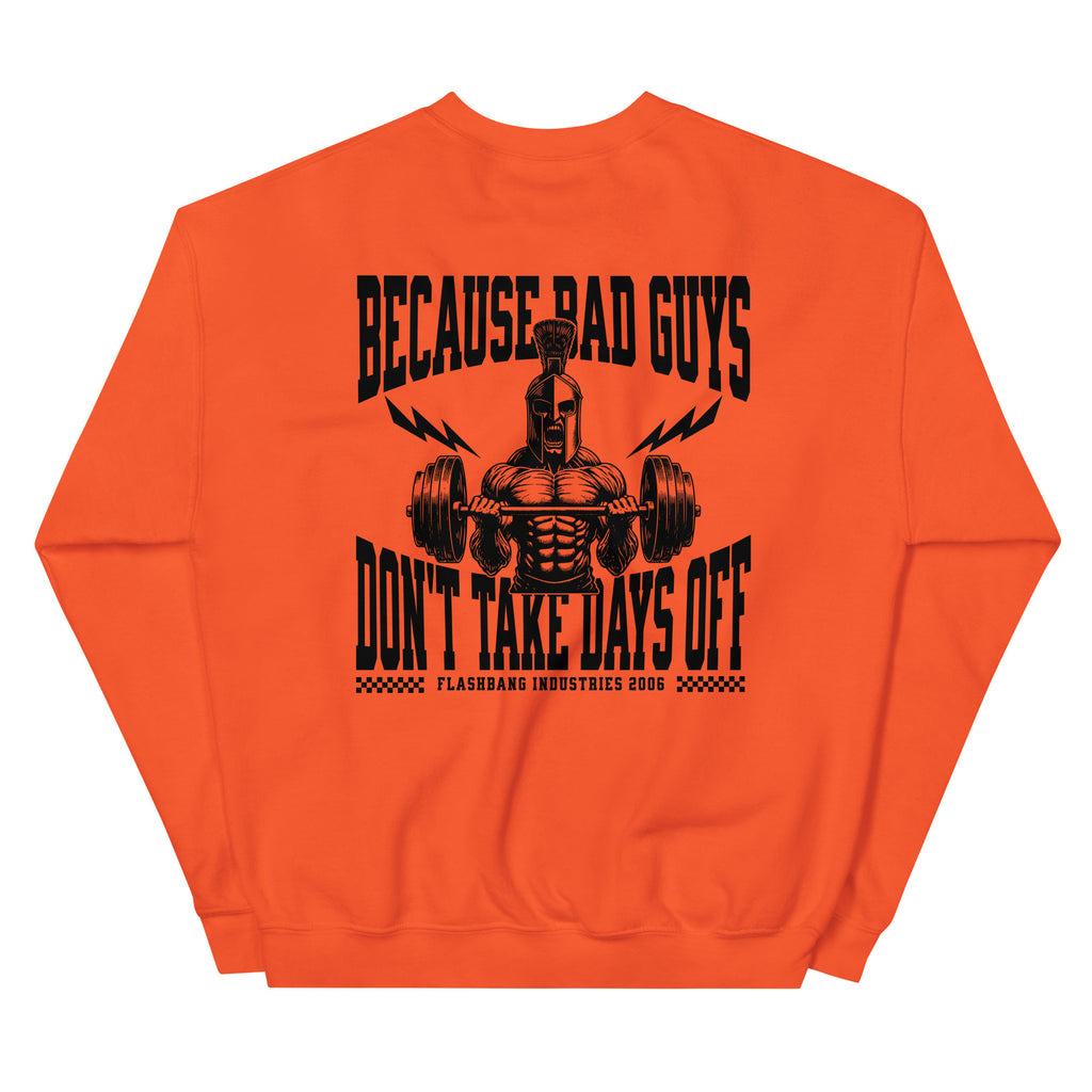 Orange sweatshirt with black graphic and text on a white background