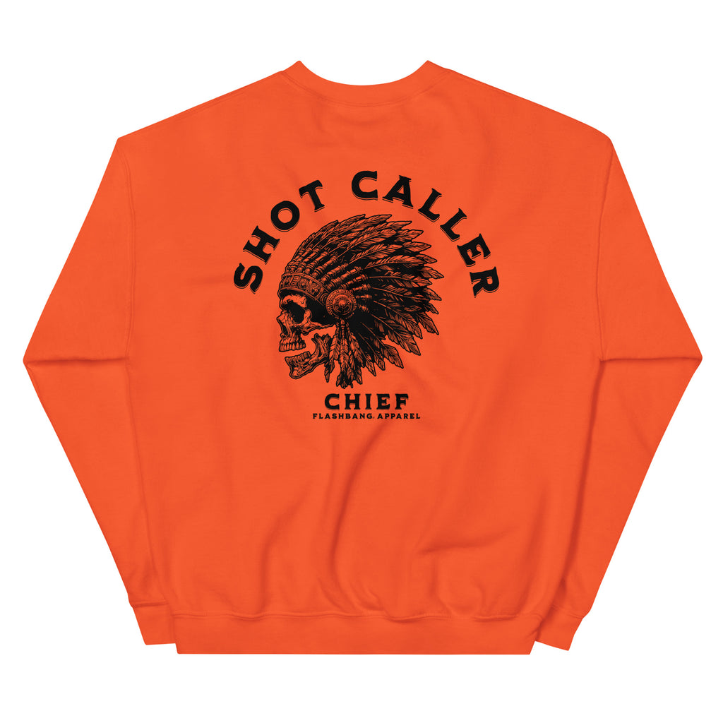 Orange sweatshirt with black graphic design and text on a white background