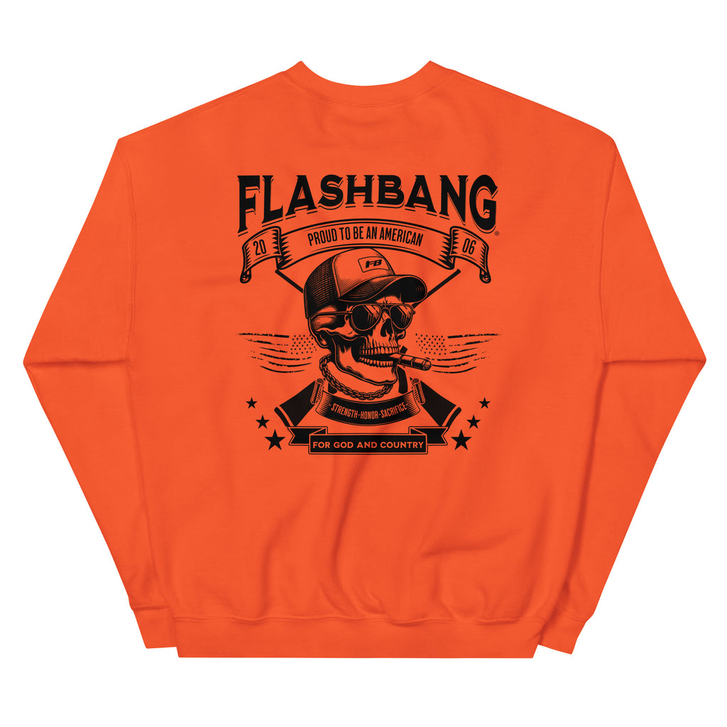 Orange sweatshirt with black graphic design on a white background
