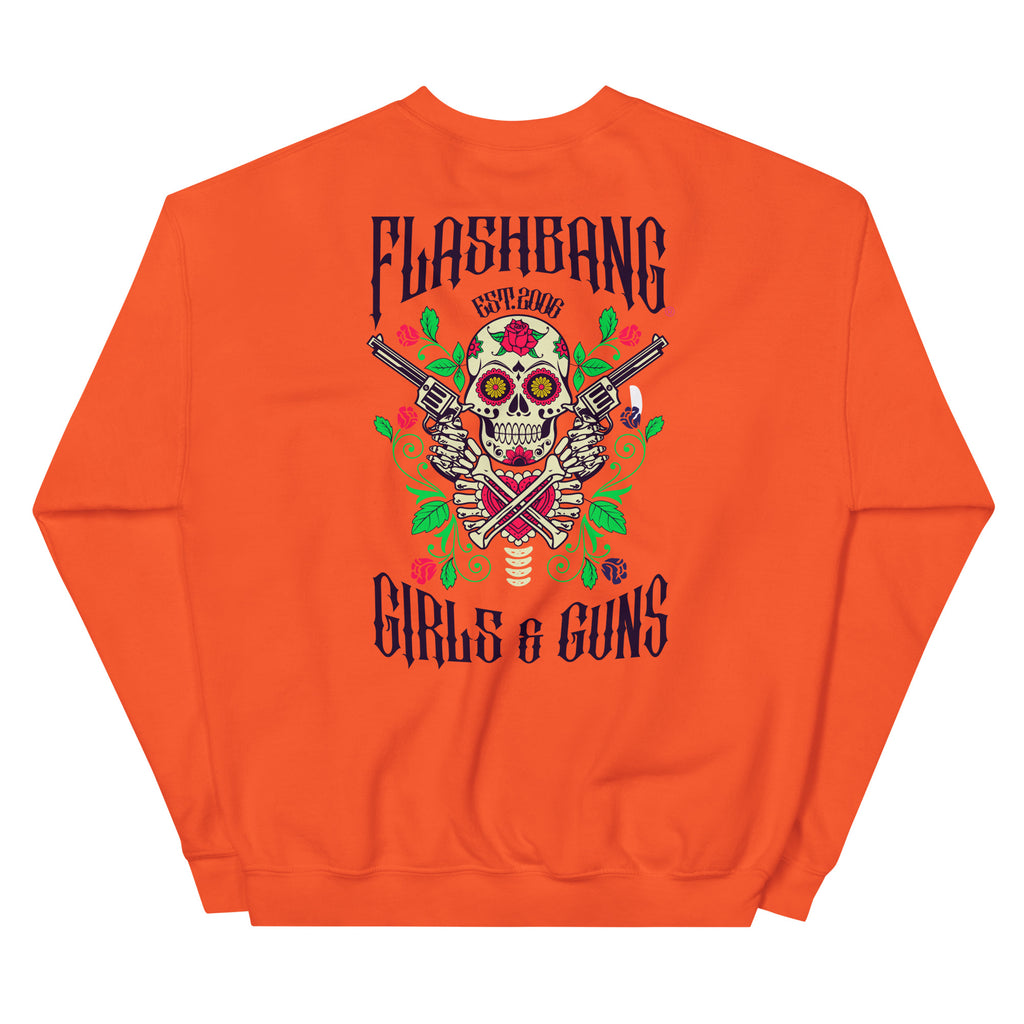 Orange sweatshirt with a graphic design on the back featuring a skeleton, guns, and text.