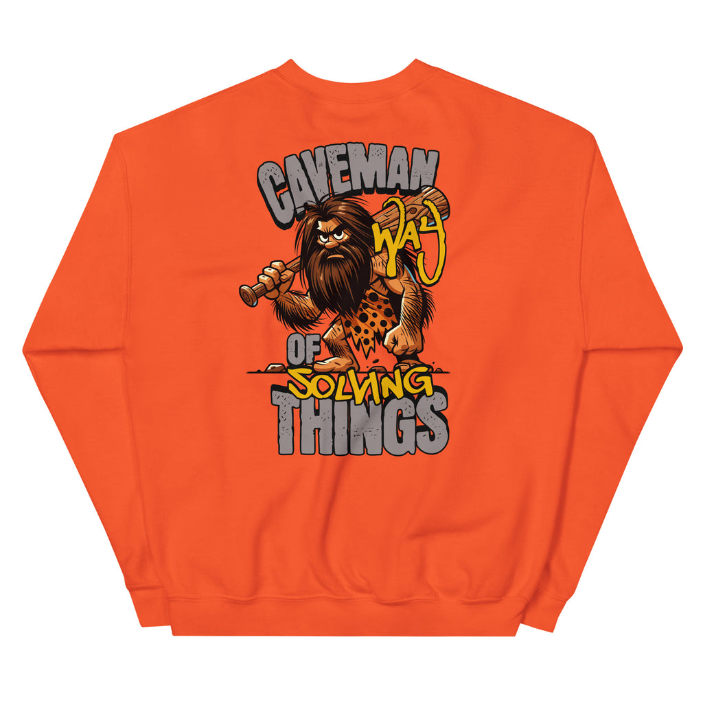 Orange sweatshirt with a caveman graphic and text on the back