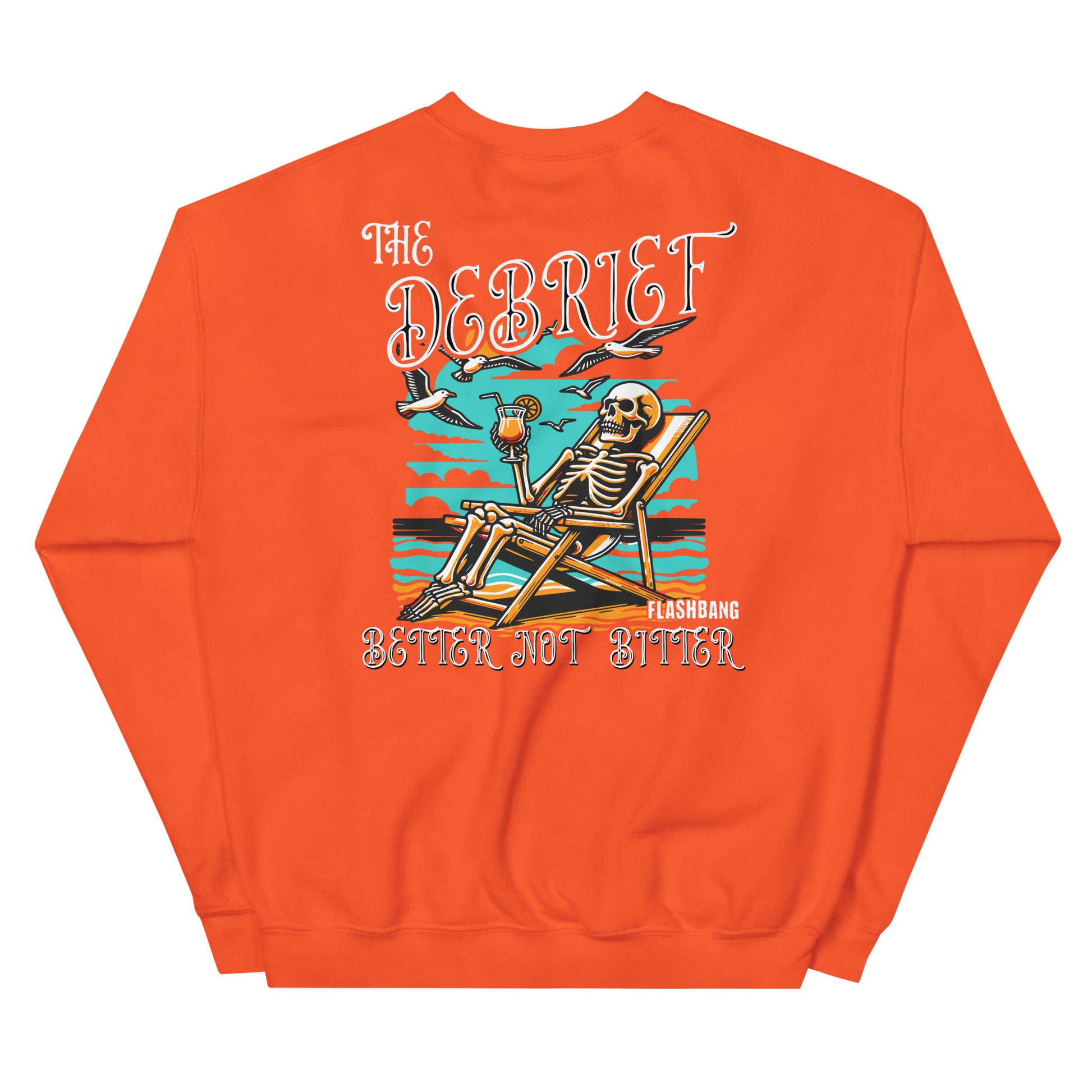 Orange sweatshirt with a skeleton design and text on the back