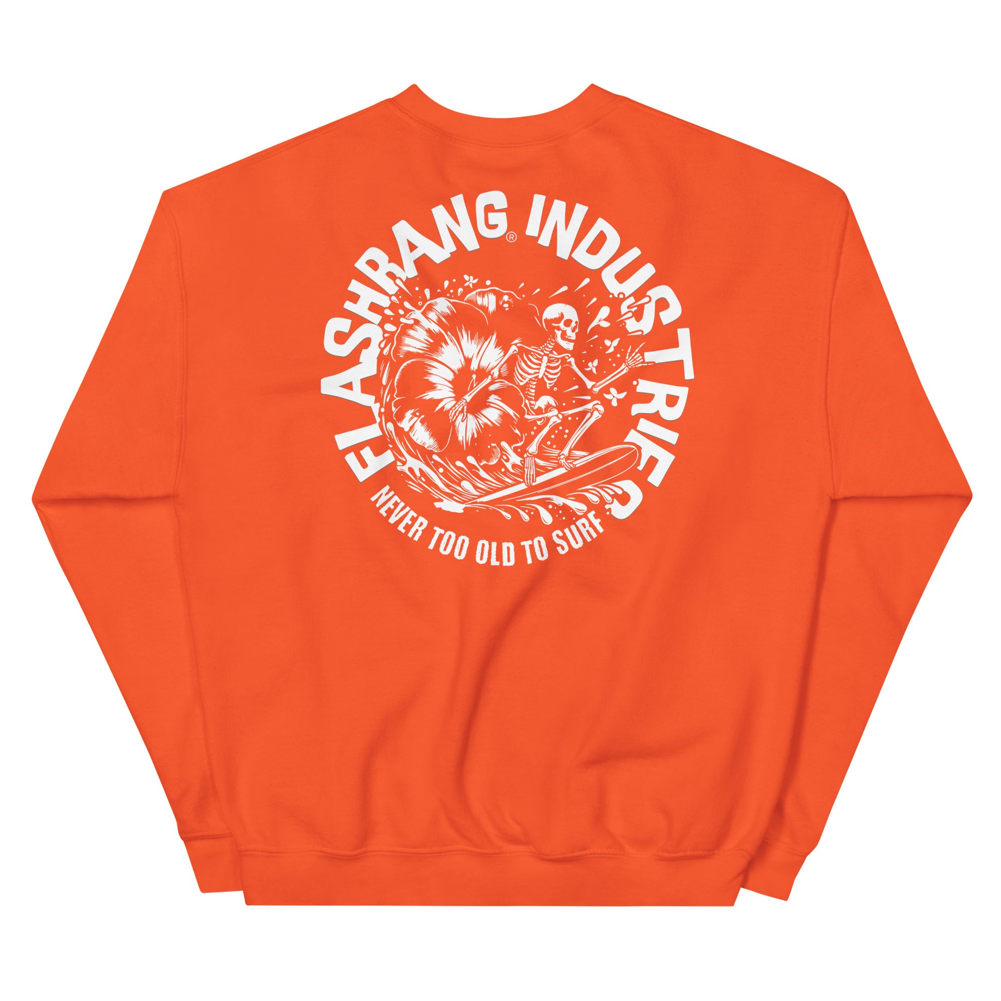 Orange sweatshirt with white graphic and text on a white background
