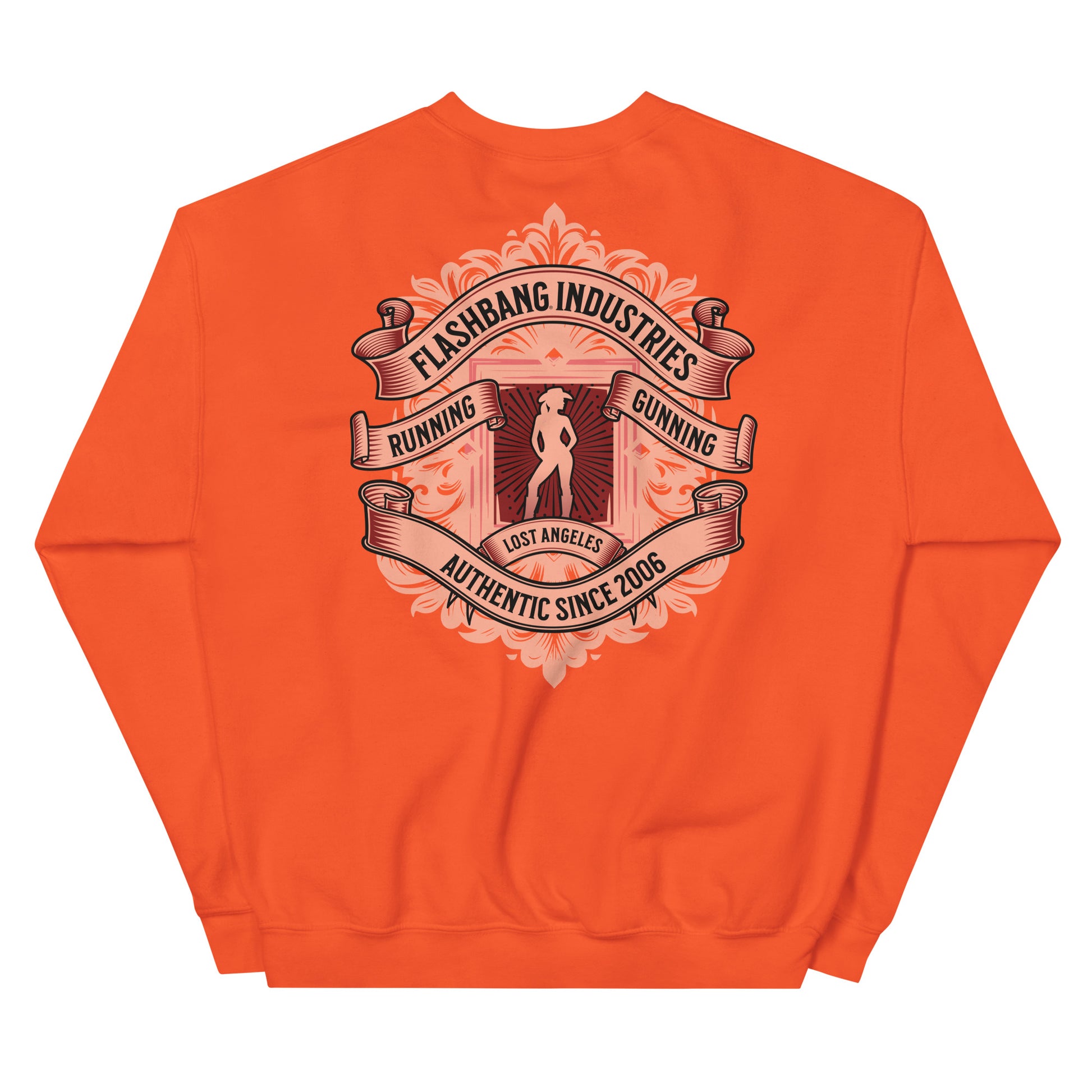Orange sweatshirt with a graphic design on the back on a white background