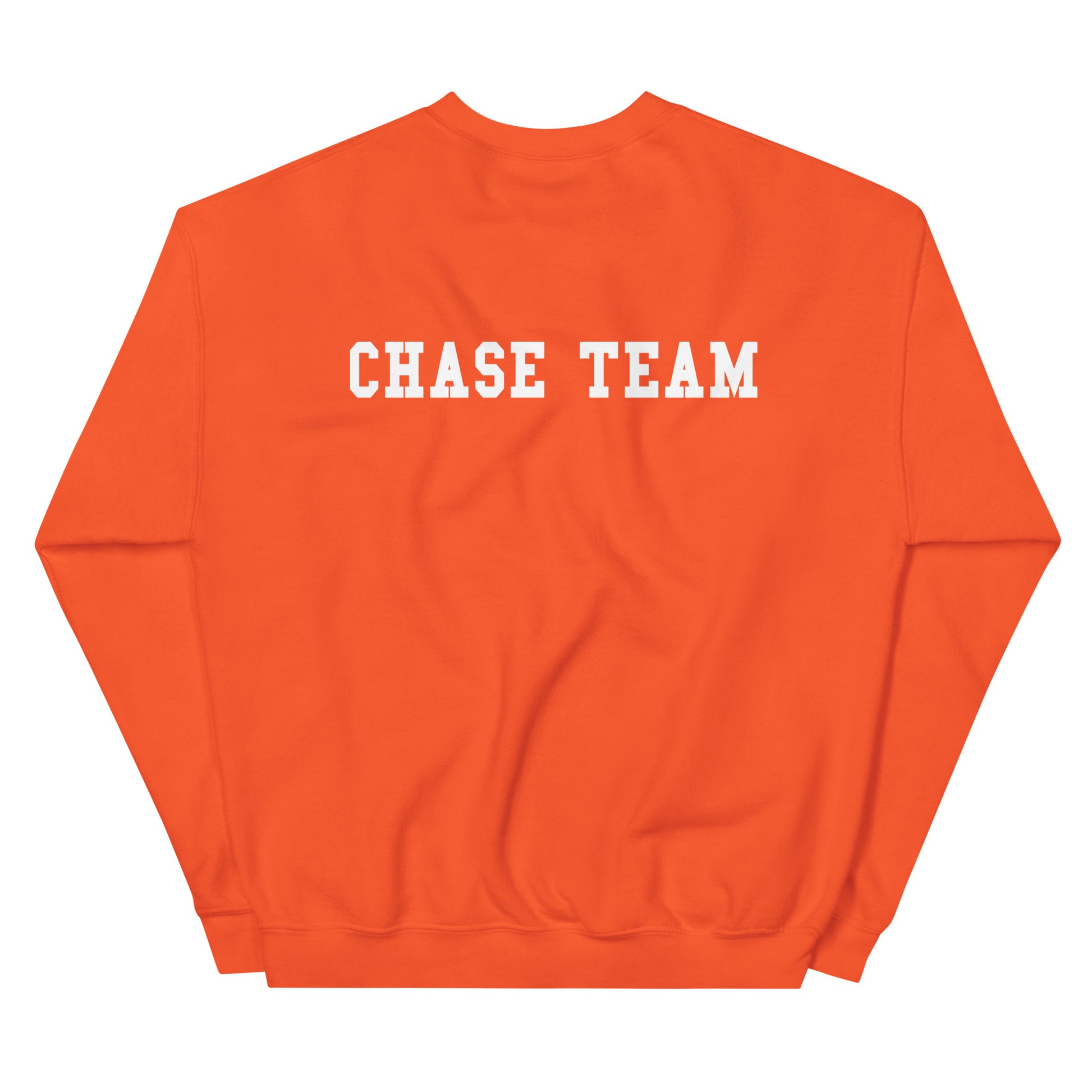 Orange sweatshirt with 'CHASE TEAM' text on the back against a white background