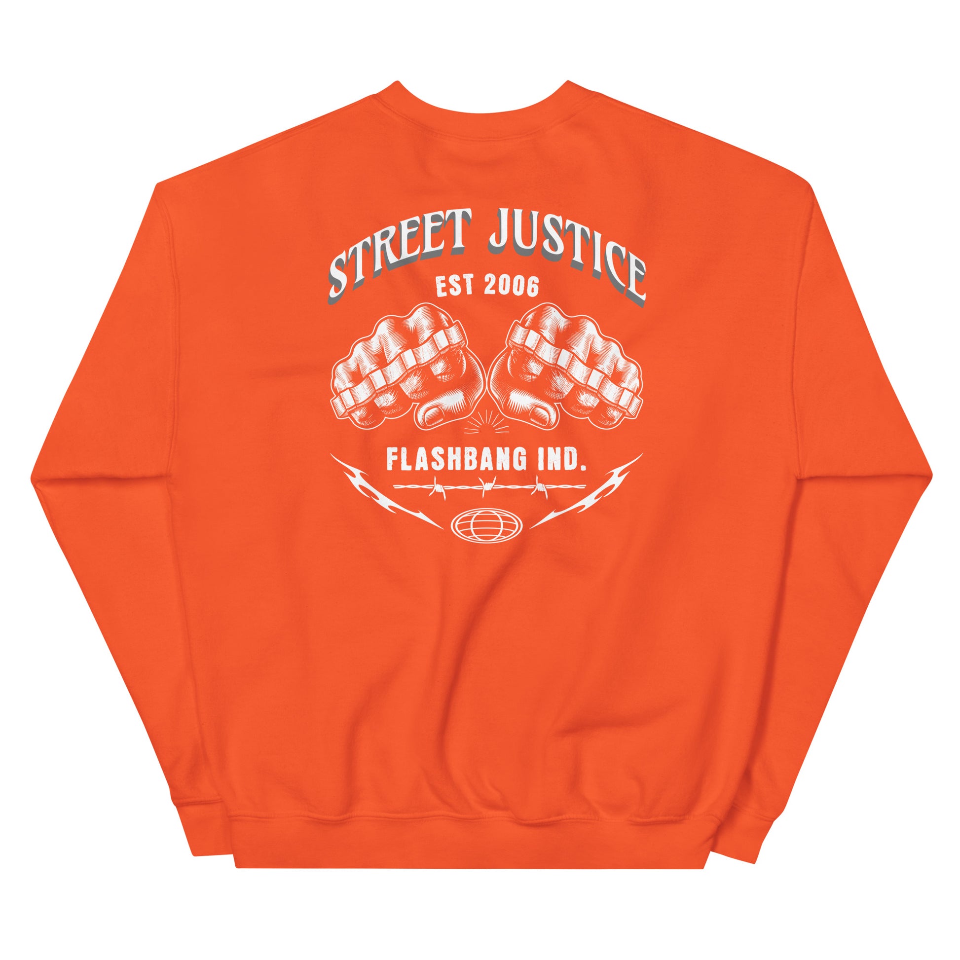 Orange sweatshirt with 'Street Justice' and 'Flashbang Ind.' text on the back against a white background