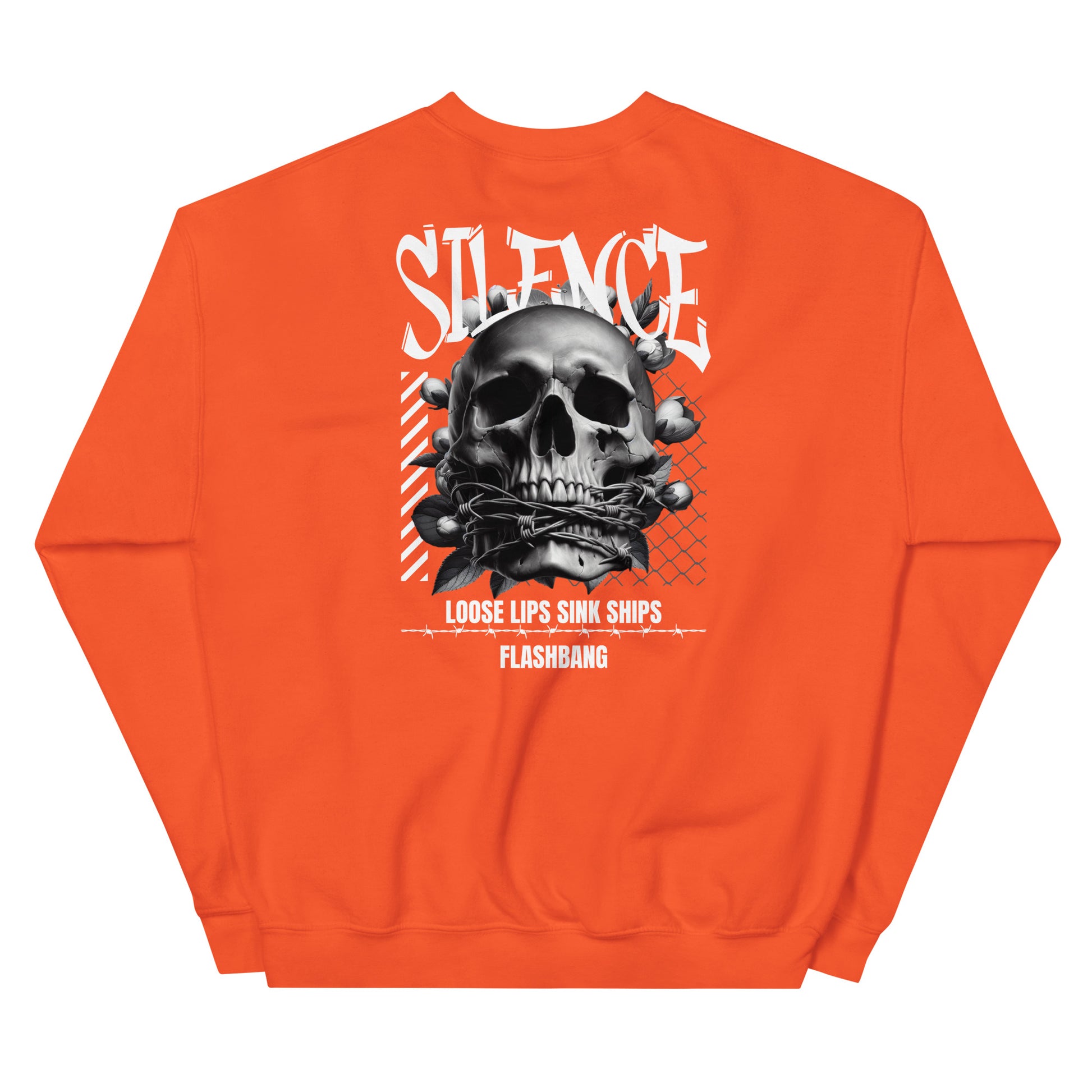 Orange sweatshirt with a skull graphic and text on the back, on a white background