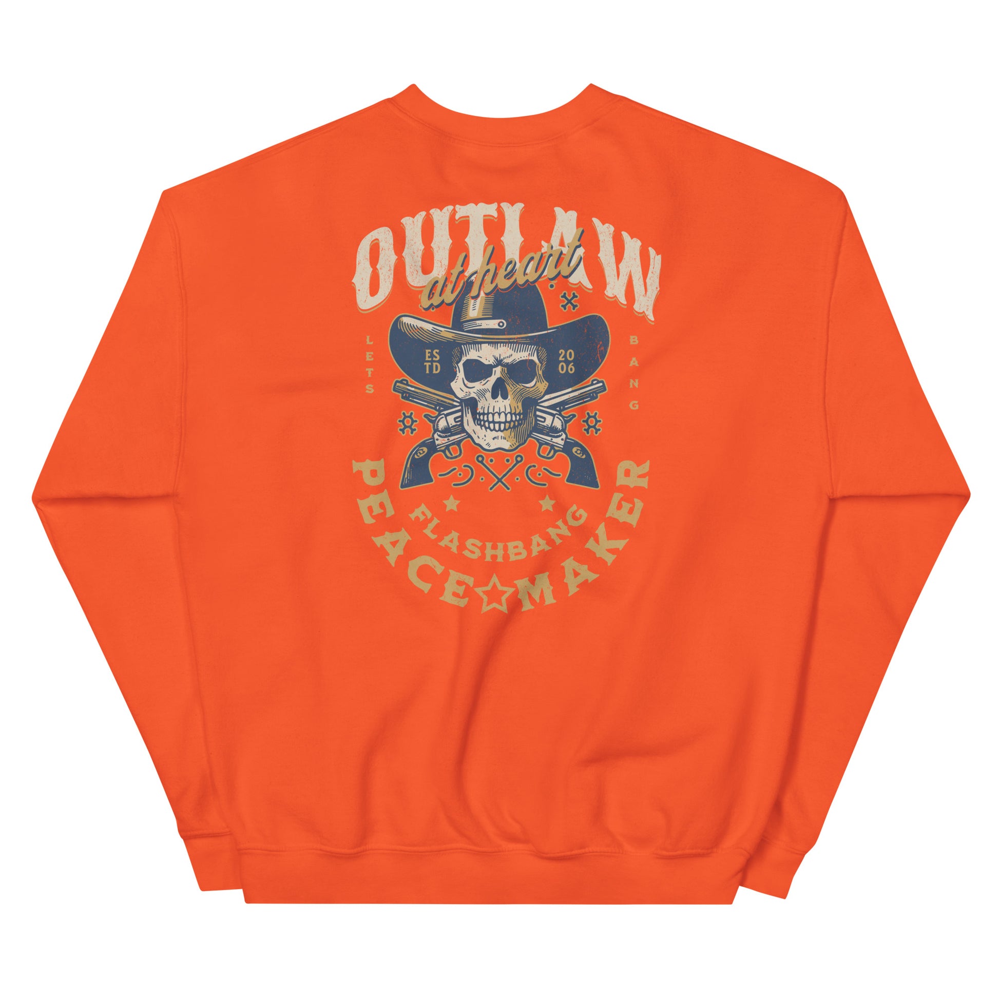 Orange sweatshirt with a graphic design on the back featuring a skull, cowboy hat, and text.