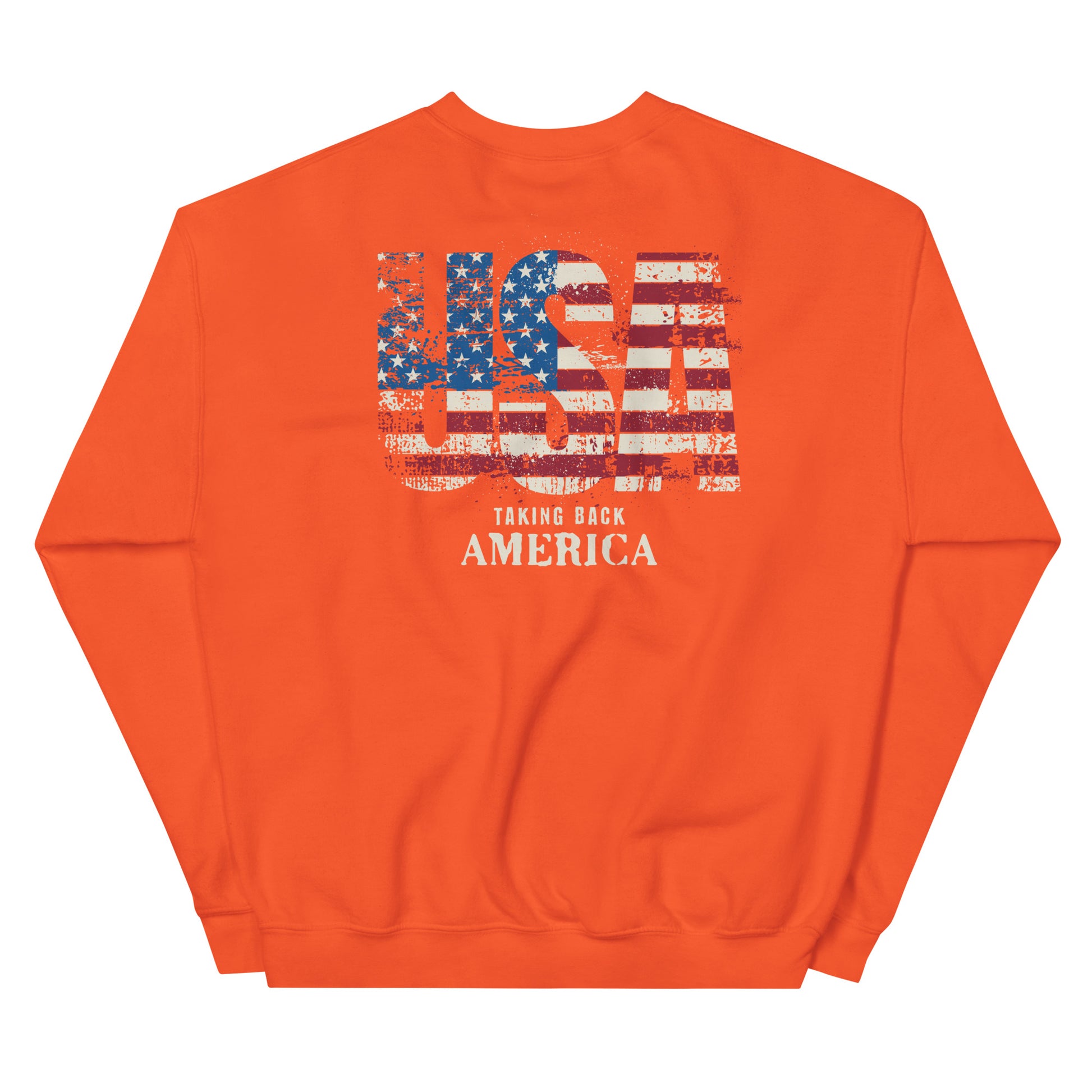 Orange sweatshirt with American flag design and text on a white background