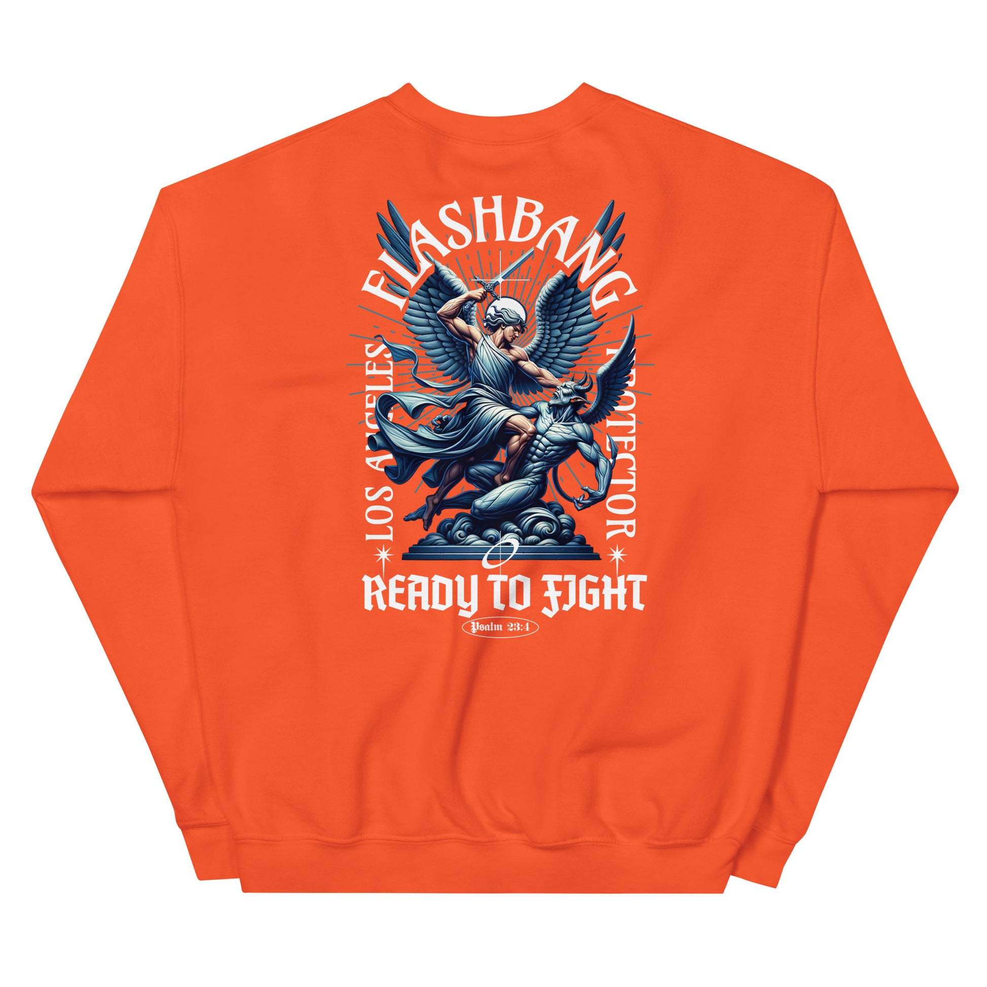 Orange sweatshirt with graphic design and text on a white background