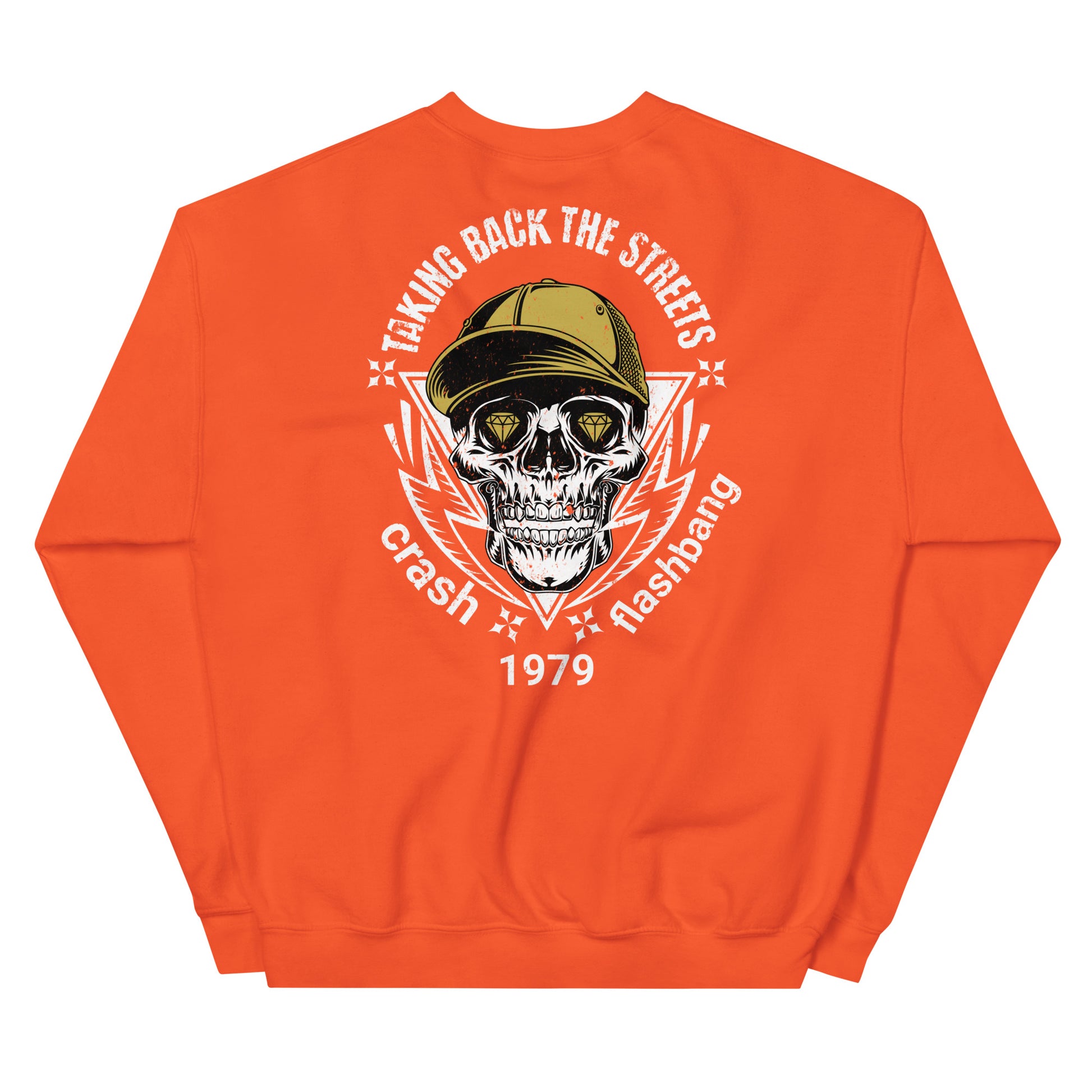 Orange sweatshirt with a skull graphic and text on the back, on a white background