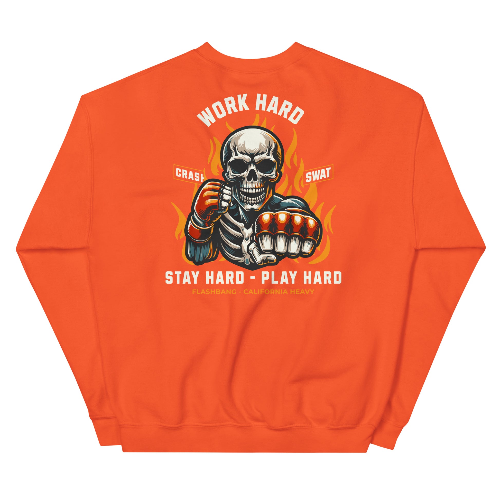 Orange sweatshirt with a skeleton holding boxing gloves and motivational text on a white background