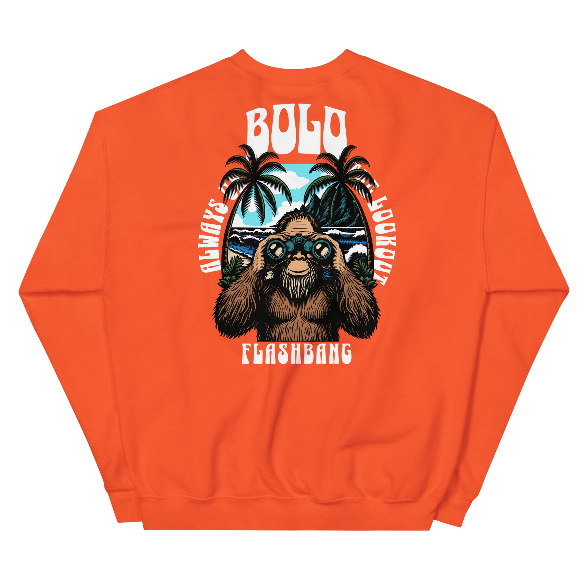 Orange sweatshirt with a graphic design of a bear and text on the back, on a white background.