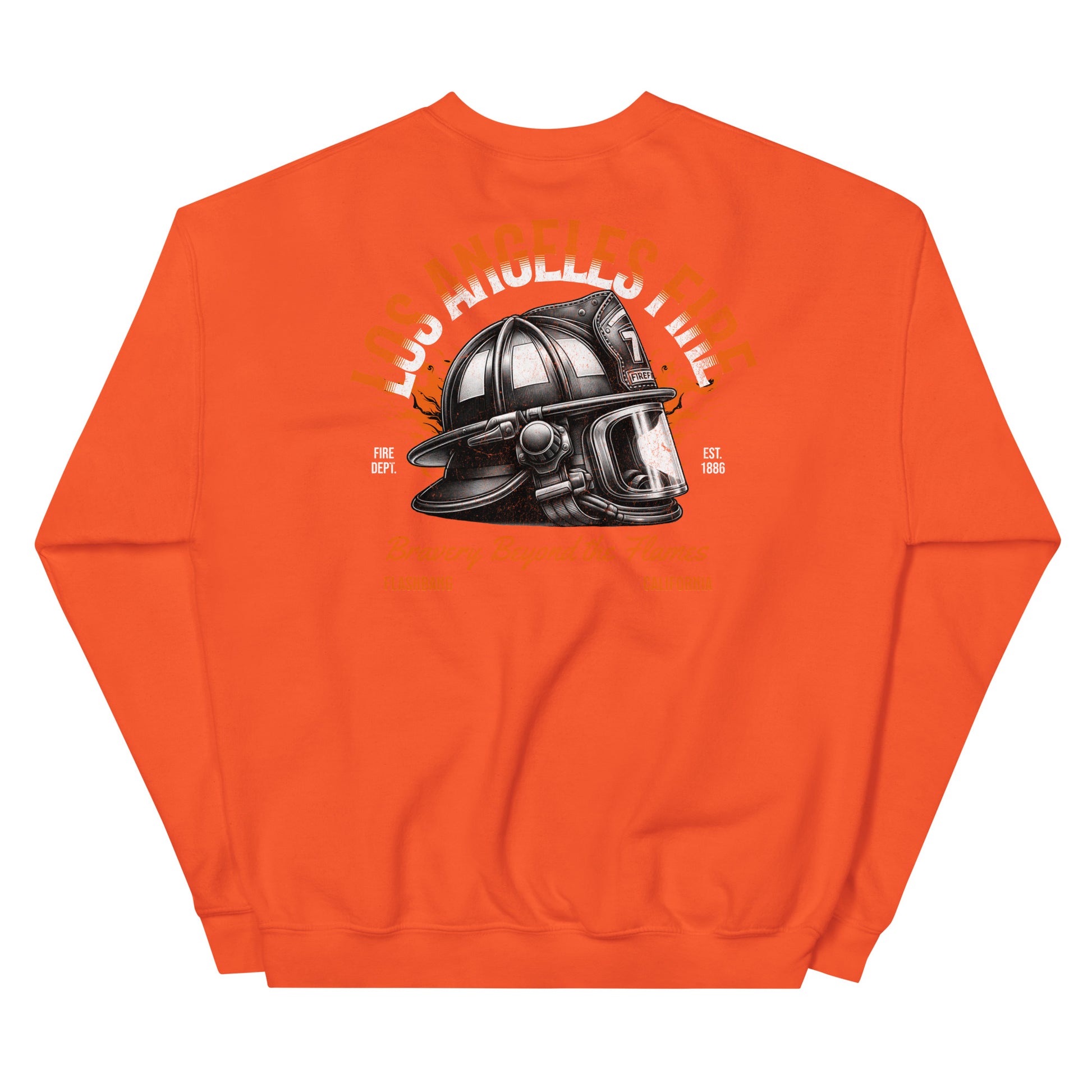 Orange sweatshirt with a black helmet graphic and text on the back against a white background