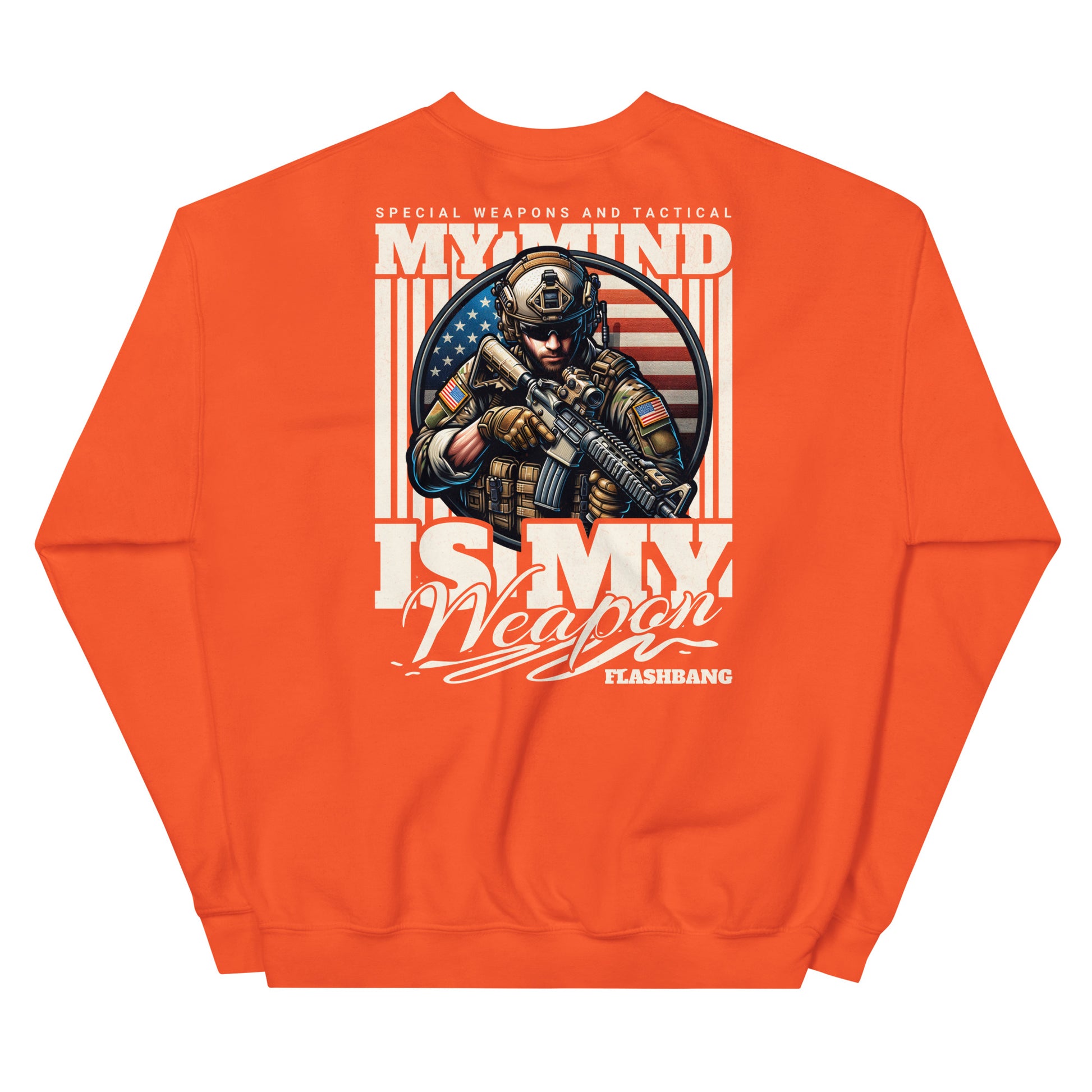 Orange sweatshirt with graphic design and text on a white background