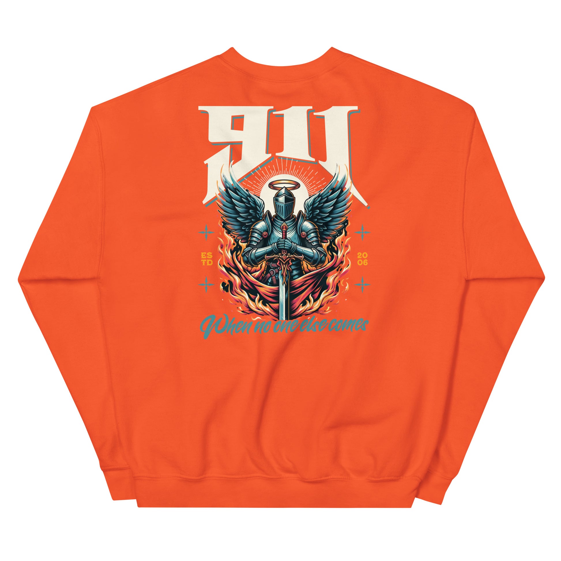 Orange sweatshirt with a graphic design on the back featuring a knight with wings and text.