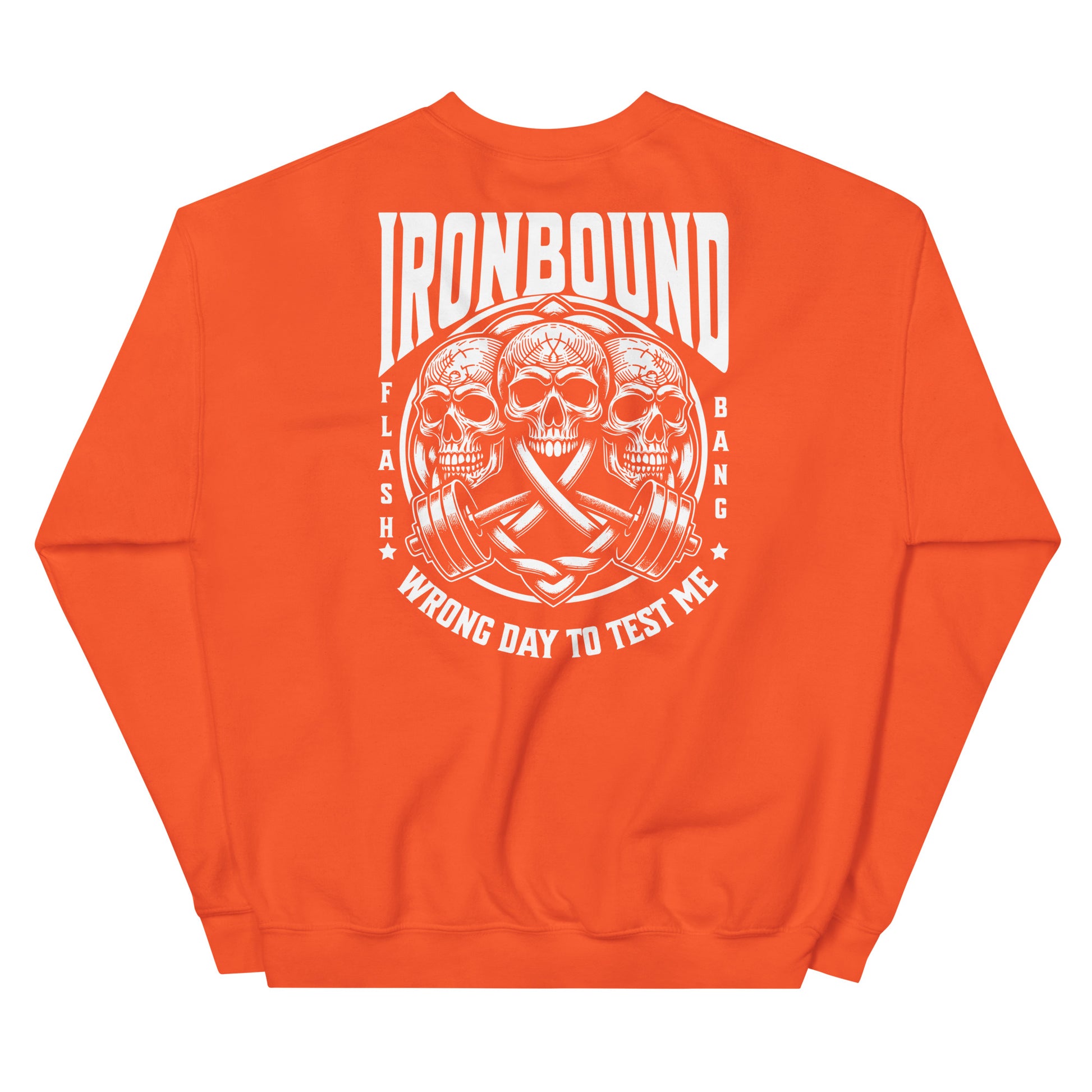 Orange sweatshirt with white graphic design on a white background