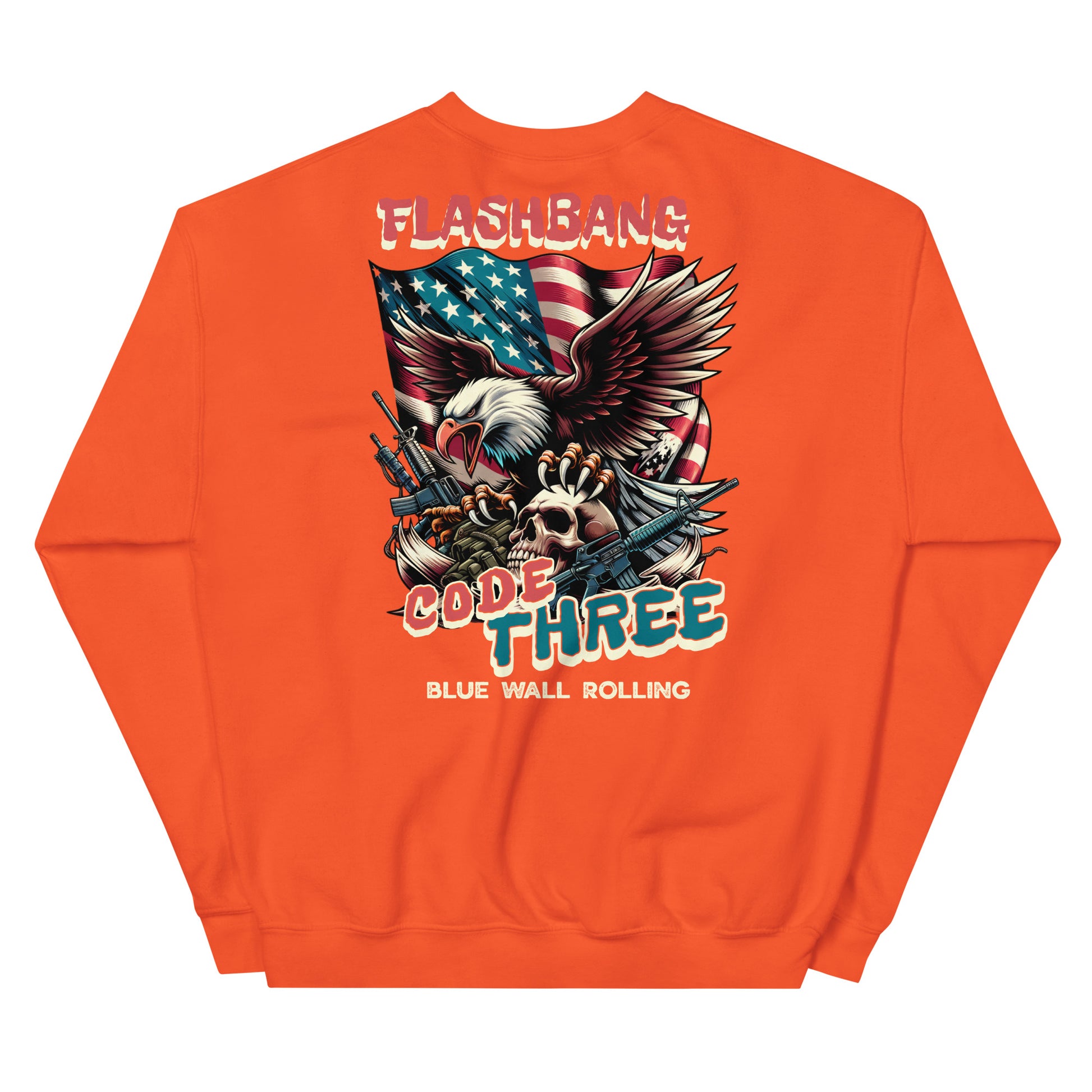 Orange sweatshirt with graphic design featuring an eagle, American flag, and text on a white background