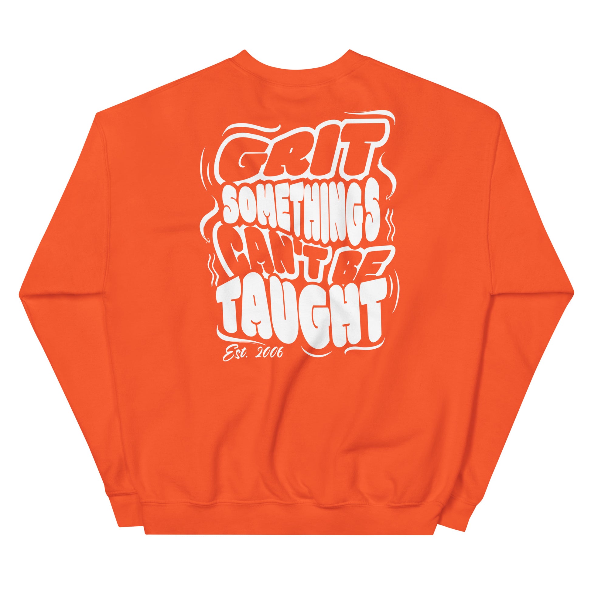 Orange sweatshirt with white text on a white background