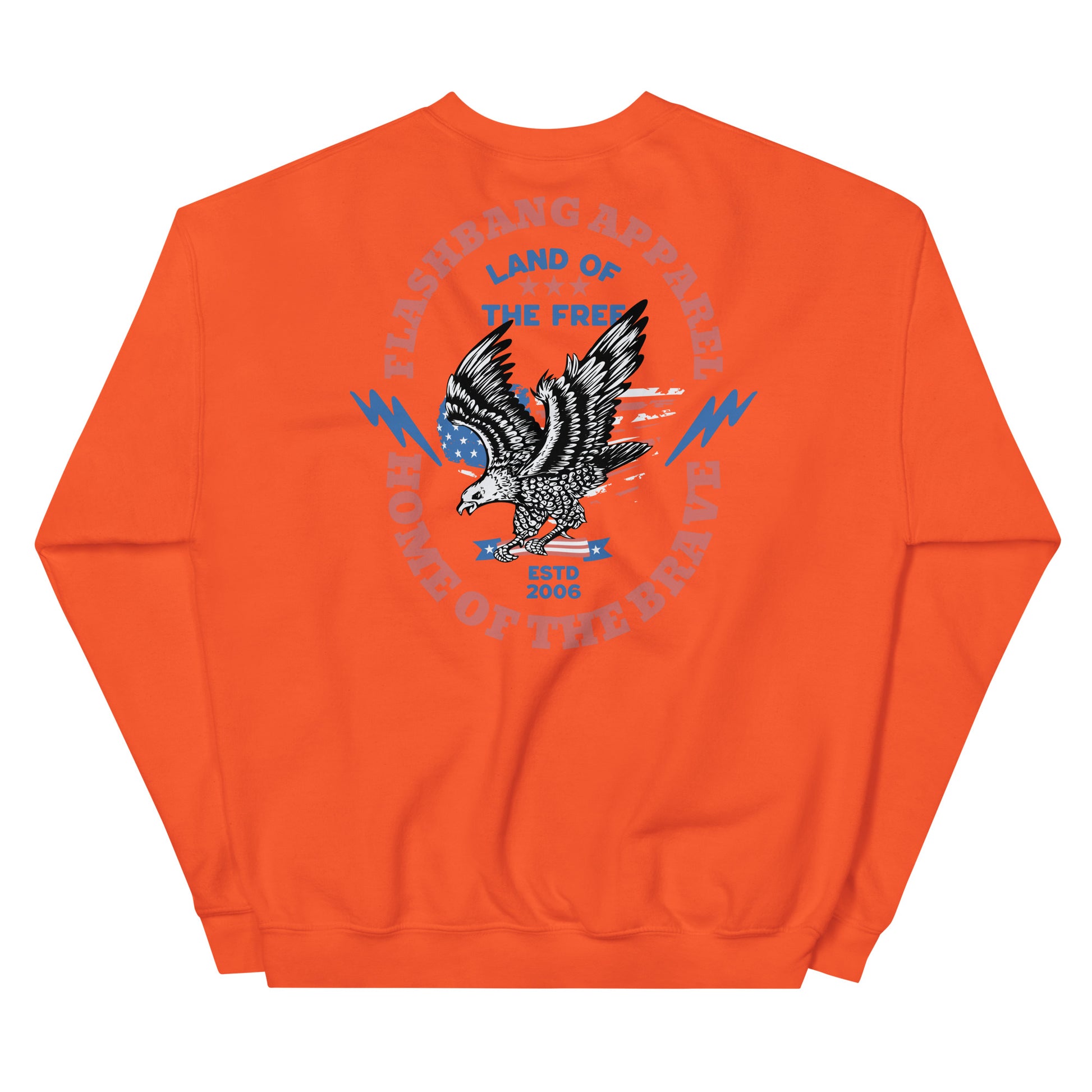 Orange sweatshirt with an eagle graphic and text on the back, on a white background