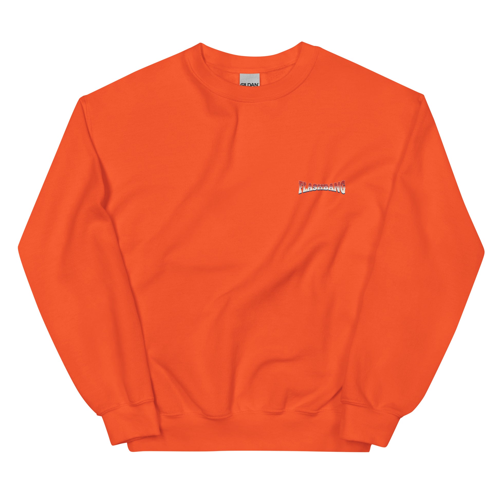 Orange sweatshirt with a small logo on a white background